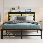 PAPROOS Full Bed Frame with RGB Lights, Metal Platform Bed with Outlets & Charger, Stable Steel Bed with Storage Shelf for Kids Adults, No Box Spring Needed, Black