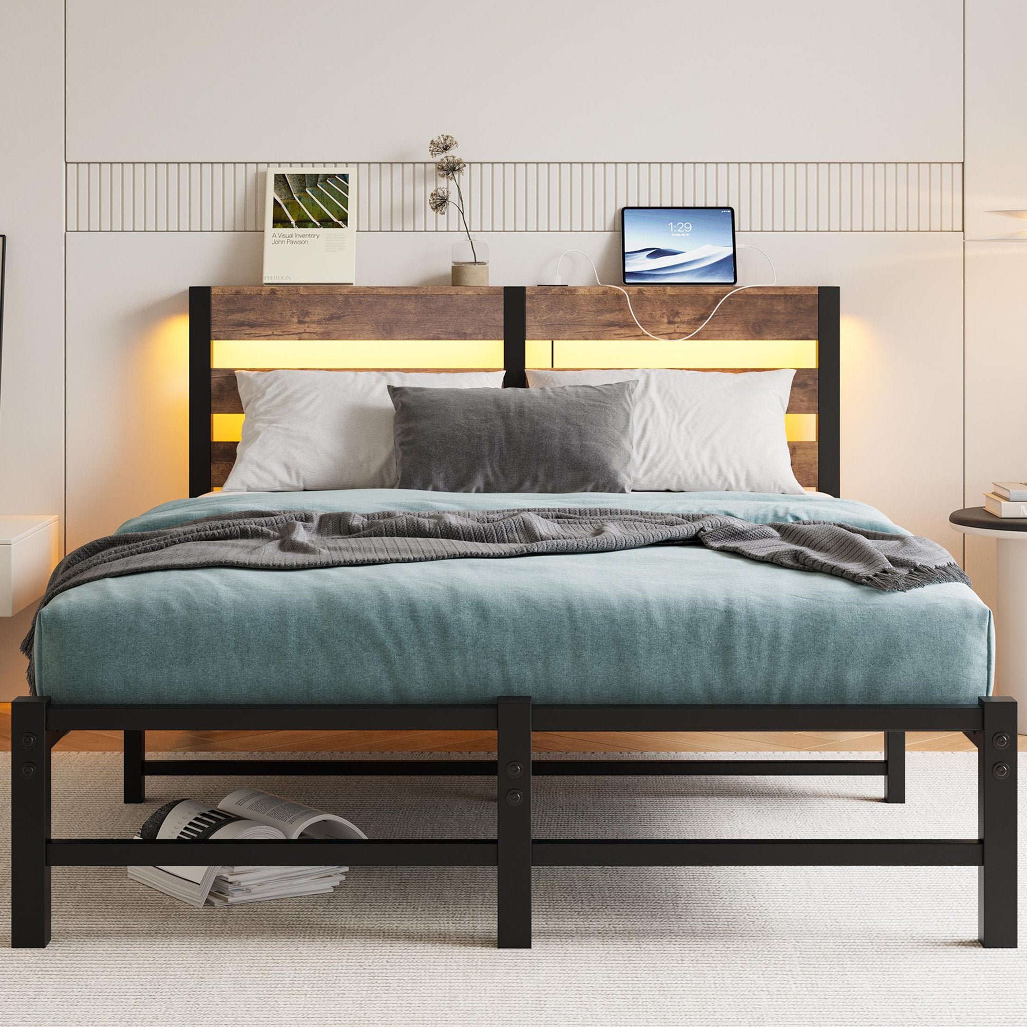 PAPROOS Full Bed Frame with RGB Lights, Metal Platform Bed with Outlets & Charger, Stable Steel Bed with Storage Shelf for Kids Adults, No Box Spring Needed, Black