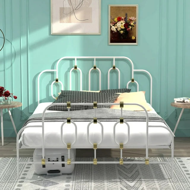 paproos Full Bed Frame, Metal Platform Bed with Gold Detail, Stable Steel Bed for Kids Adults, No Box Spring Needed, Black