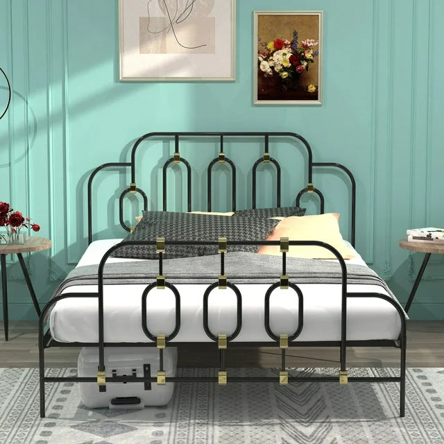 paproos Full Bed Frame, Metal Platform Bed with Gold Detail, Stable Steel Bed for Kids Adults, No Box Spring Needed, Black