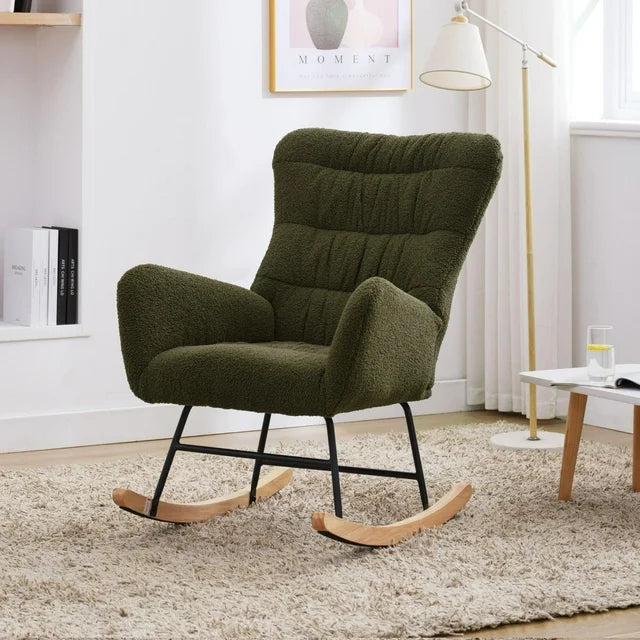 paproos Modern Teddy Fabric Nursery Rocking Chair, Accent Rocker Chair with High Backrest for Nursery, Accent Glider Rocker for Living Room Bedroom Playroom，White