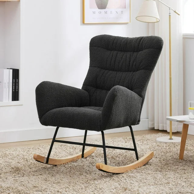 paproos Modern Teddy Fabric Nursery Rocking Chair, Accent Rocker Chair with High Backrest for Nursery, Accent Glider Rocker for Living Room Bedroom Playroom，White
