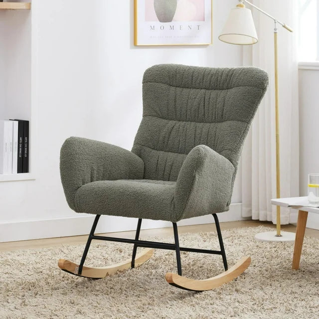 paproos Modern Teddy Fabric Nursery Rocking Chair, Accent Rocker Chair with High Backrest for Nursery, Accent Glider Rocker for Living Room Bedroom Playroom，White
