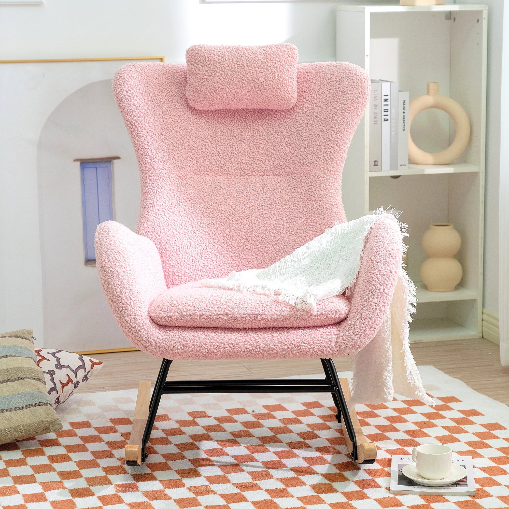 paproos Modern Velvet Nursery Rocking Chair, Accent Rocker Chair with High Backrest for Baby Nursery Kids, Accent Glider Rocker for Living Room Bedroom Playroom