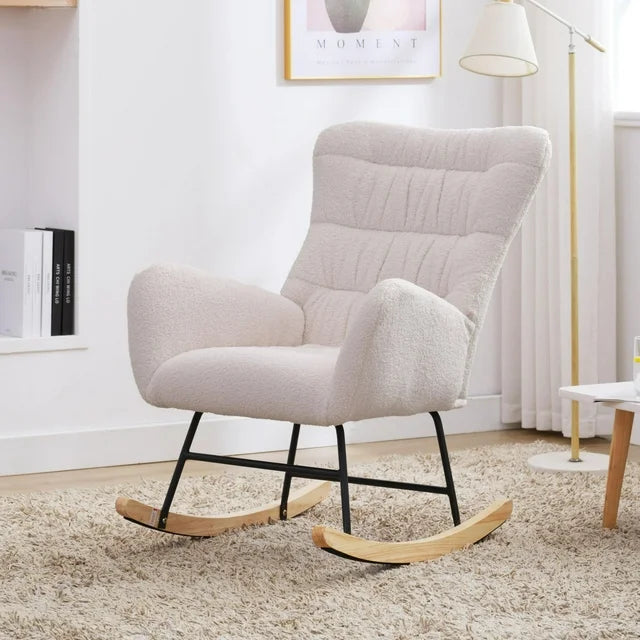 paproos Modern Teddy Fabric Nursery Rocking Chair, Accent Rocker Chair with High Backrest for Nursery, Accent Glider Rocker for Living Room Bedroom Playroom，White