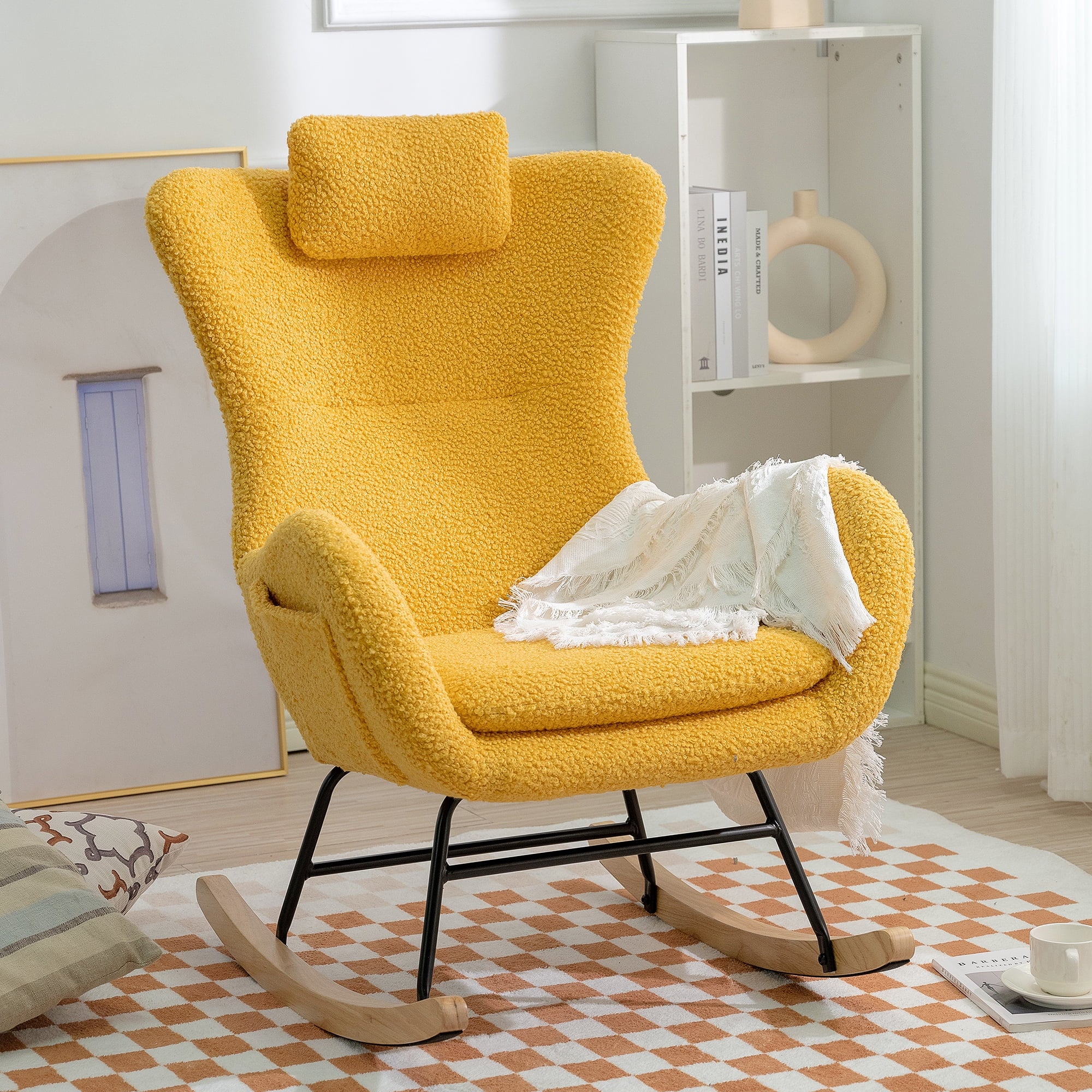paproos Modern Velvet Nursery Rocking Chair, Accent Rocker Chair with High Backrest for Baby Nursery Kids, Accent Glider Rocker for Living Room Bedroom Playroom