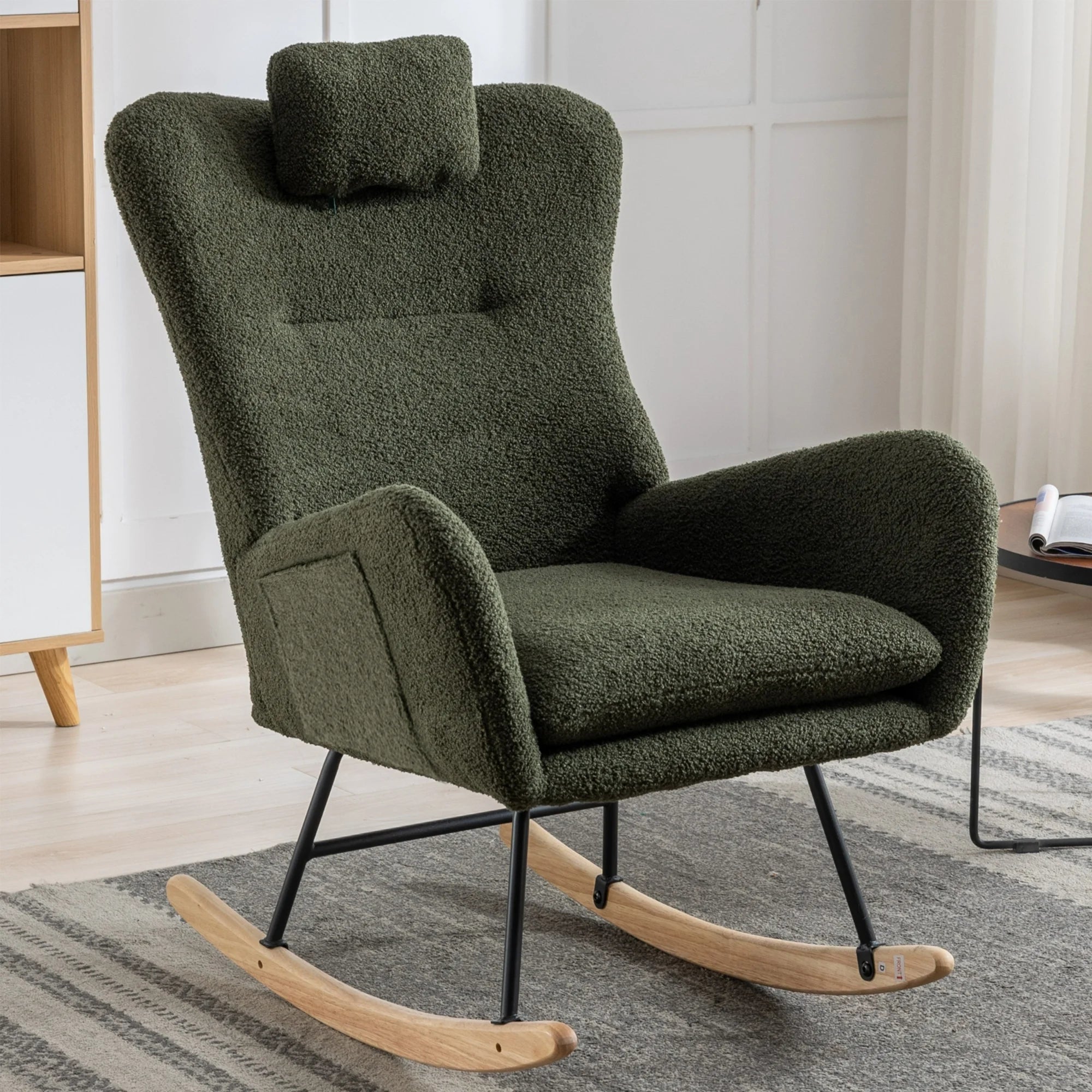 paproos Modern Teddy Fabric Nursery Rocking Chair, Accent Rocker Chair with High Backrest for Nursery, Accent Glider Rocker for Living Room Bedroom Playroom，White