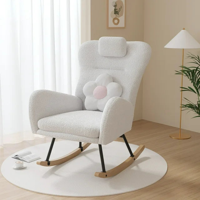 paproos Modern Teddy Fabric Nursery Rocking Chair, Accent Rocker Chair with High Backrest for Nursery, Accent Glider Rocker for Living Room Bedroom Playroom，White