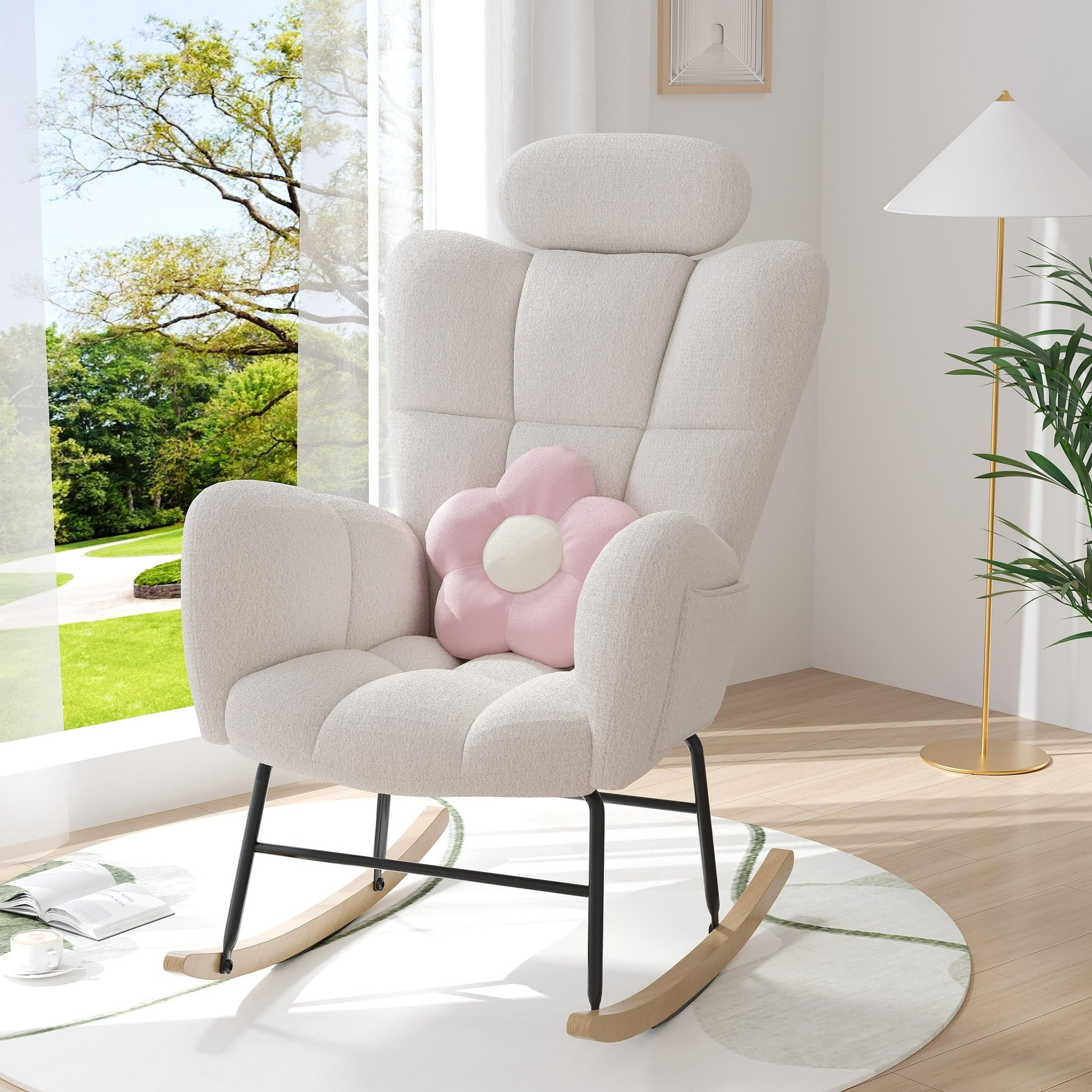 paproos Modern Velvet Nursery Rocking Chair, Accent Rocker Chair with High Backrest for Baby Nursery Kids, Accent Glider Rocker for Living Room Bedroom Playroom