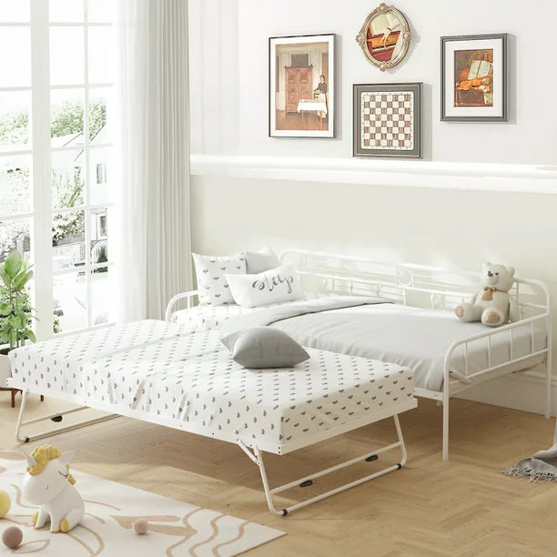 paproos Metal Daybed with Pop Up Trundle, Twin Adjustable Metal Sofa Bed with Adjustable Trundle Steel Daybed for Bedroom Guest Room, White