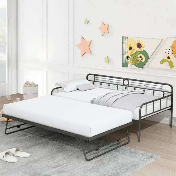 paproos Metal Daybed with Pop Up Trundle, Twin Adjustable Metal Sofa Bed with Adjustable Trundle Steel Daybed for Bedroom Guest Room, White