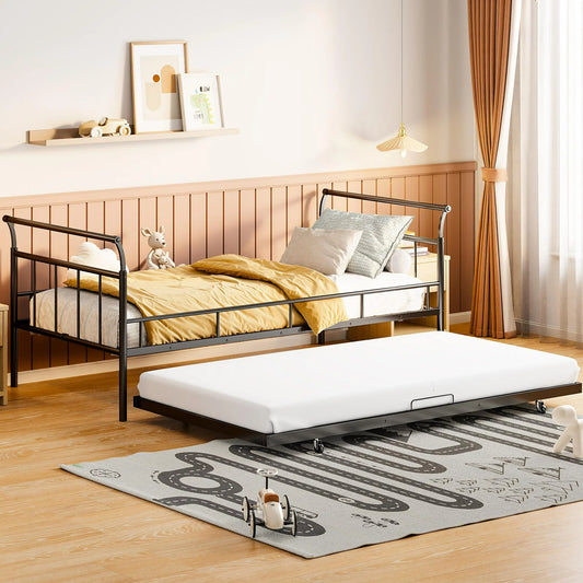 PAPROOS Metal Daybed with Trundle, Heavy Duty Steel Slat Support Sofa Bed Frame, Steel Daybed for Bedroom Guest Room, Black