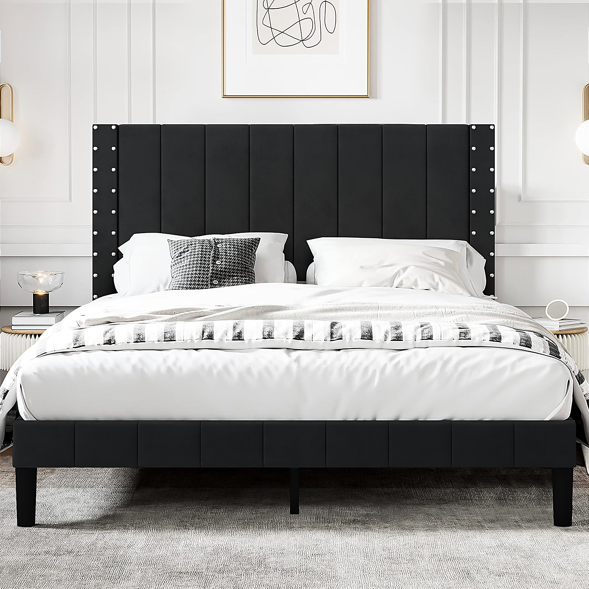 PAPROOS Full Platform Bed Frame, Upholstered Bed Frame Full Size with Vertical Channel and Rivet Decor Headboard, No Box Spring Needed, Easy Assembly, Dark Gray