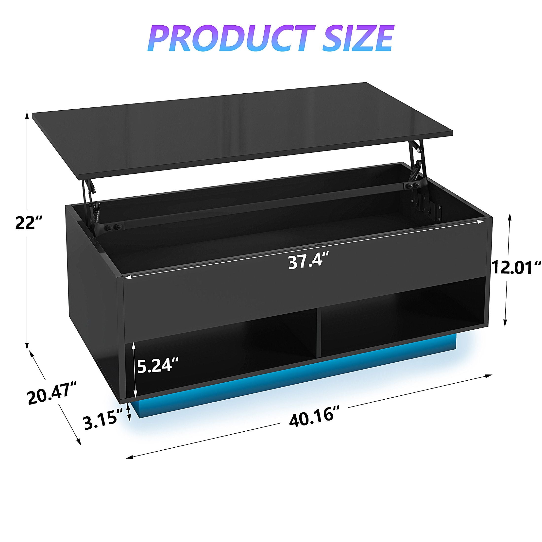 PAPROOS Lift Top Coffee Table for Living Room, Modern Coffee Table with APP Control LED Light and Charging Station, High Gloss Coffee Table with Hidden Storage and Storage Shelves, Black