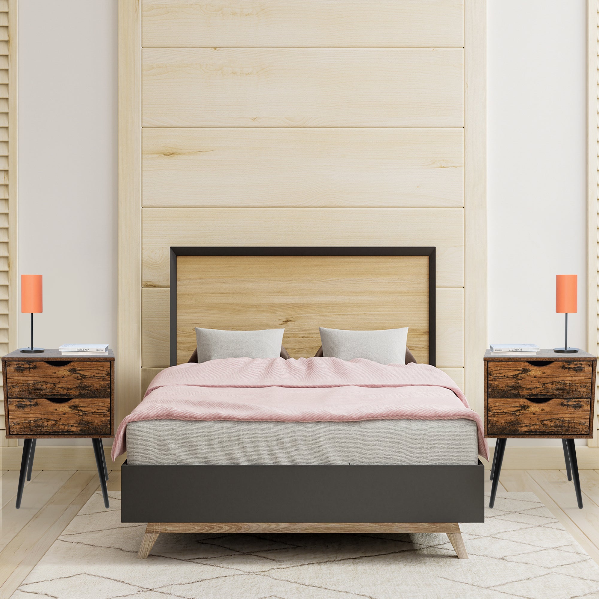 Nightstands Set of 2, Bedroom Bedside Table with 2 Drawers Storage, Country Style Night End Table with Large Storage Space, Suitable for Living Room Bedroom, Rustic Brown