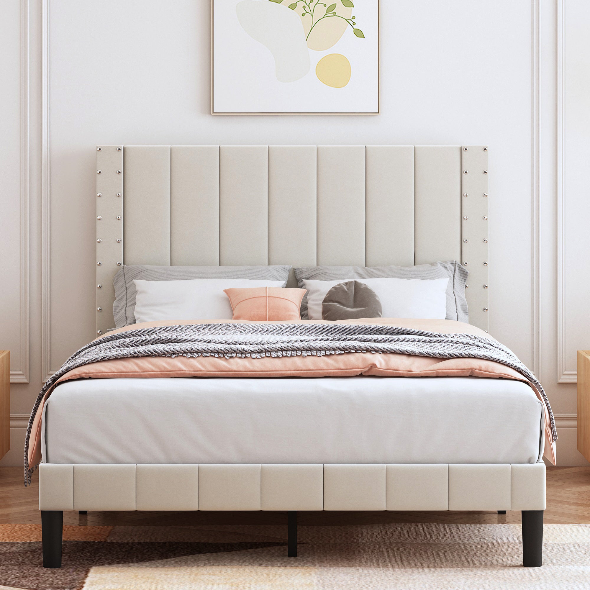 PAPROOS Full Platform Bed Frame, Upholstered Bed Frame Full Size with Vertical Channel and Rivet Decor Headboard, No Box Spring Needed, Easy Assembly, Dark Gray