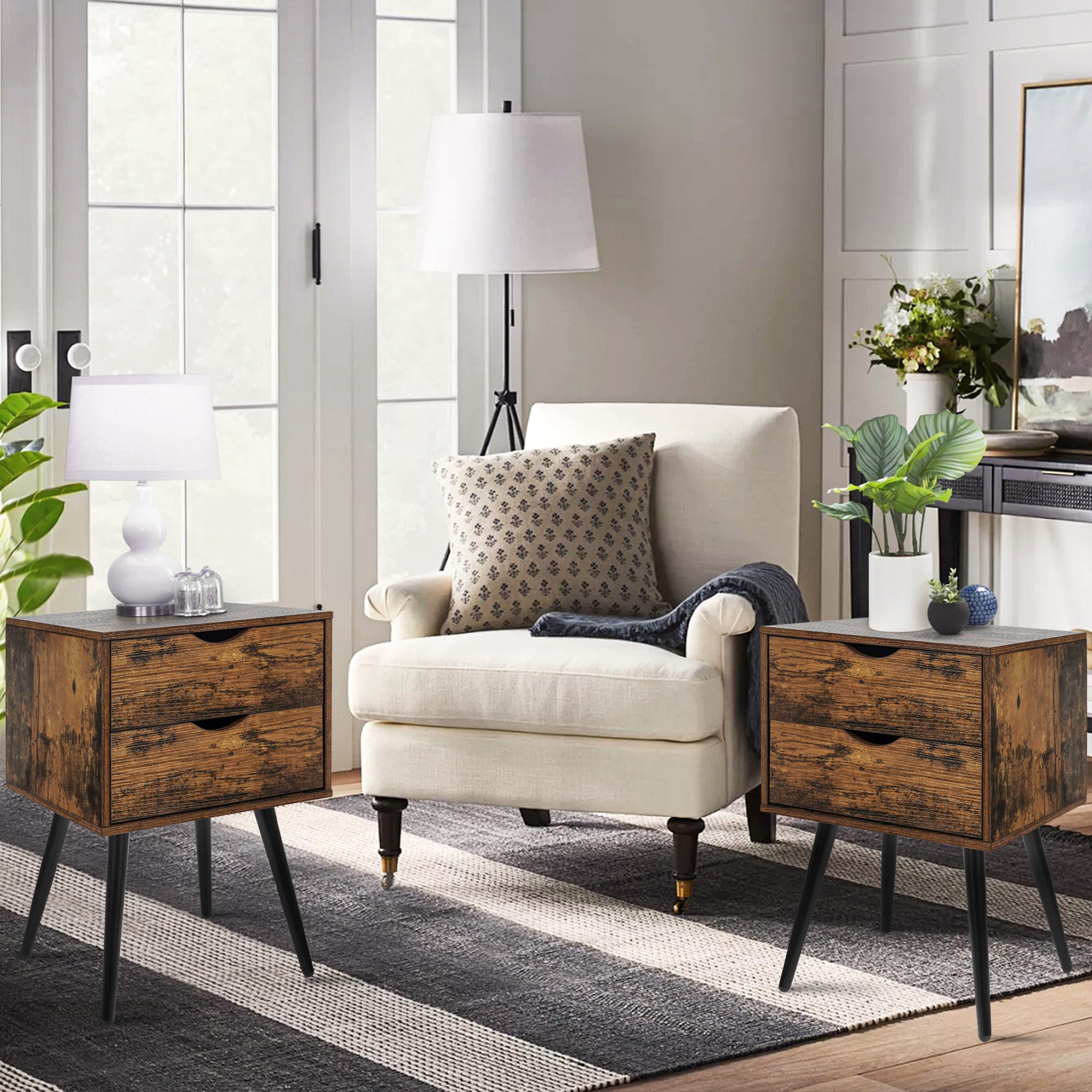 Nightstands Set of 2, Bedroom Bedside Table with 2 Drawers Storage, Country Style Night End Table with Large Storage Space, Suitable for Living Room Bedroom, Rustic Brown