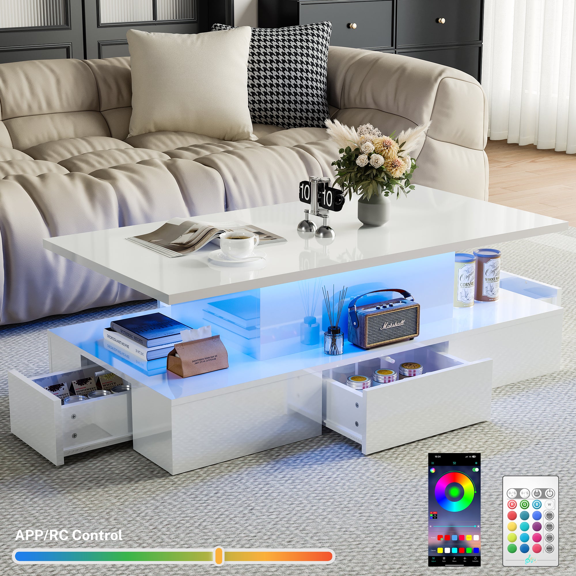 Black LED Coffee Table for Living Room, PAPROOS Modern High Glossy Center Table with 4 Drawers, Smart Cocktail Table Rectangle, Sofa Side Tea Tables with LED Lights, 41"L×25"W×16"H