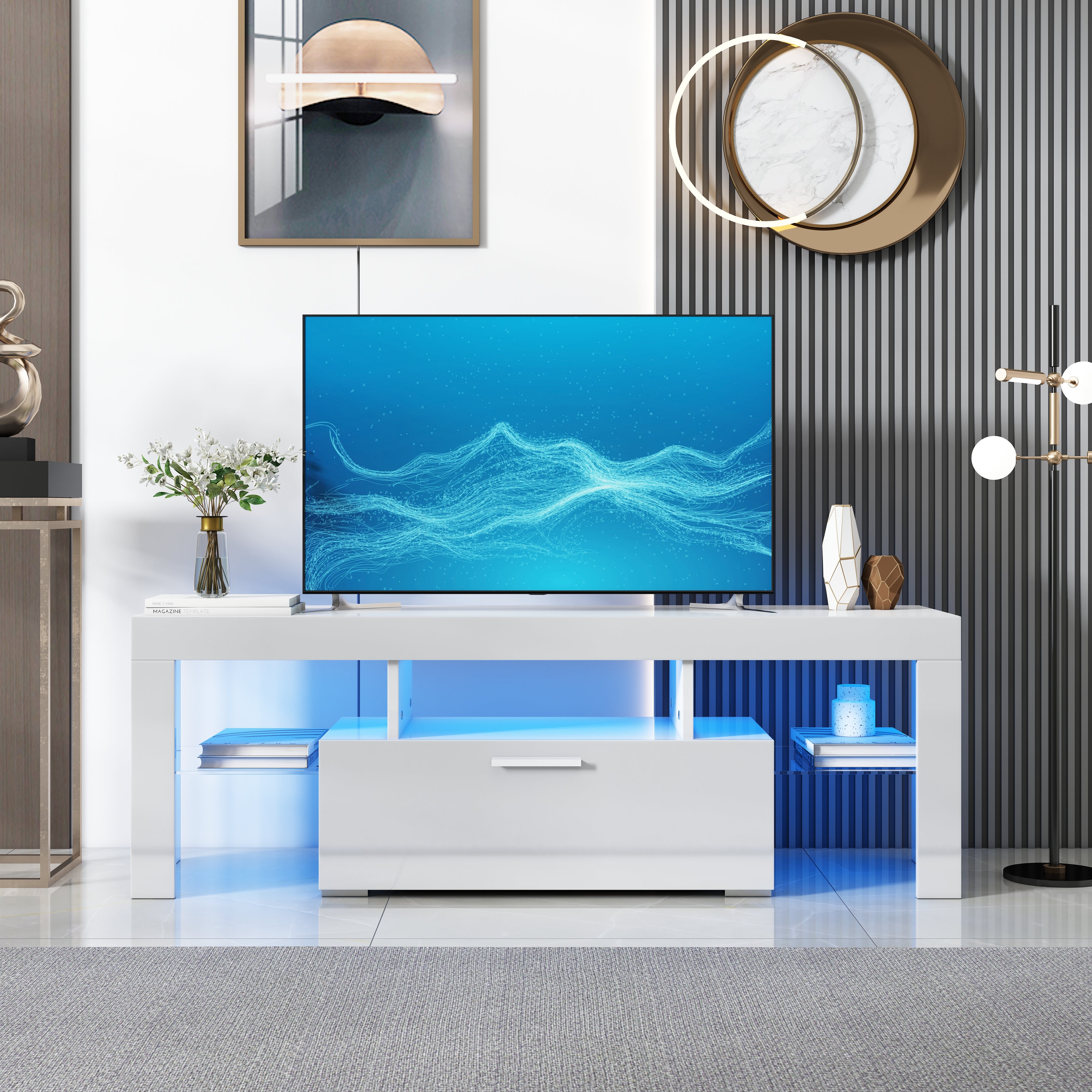 PAPROOS High Gloss TV Stand with LED Lights