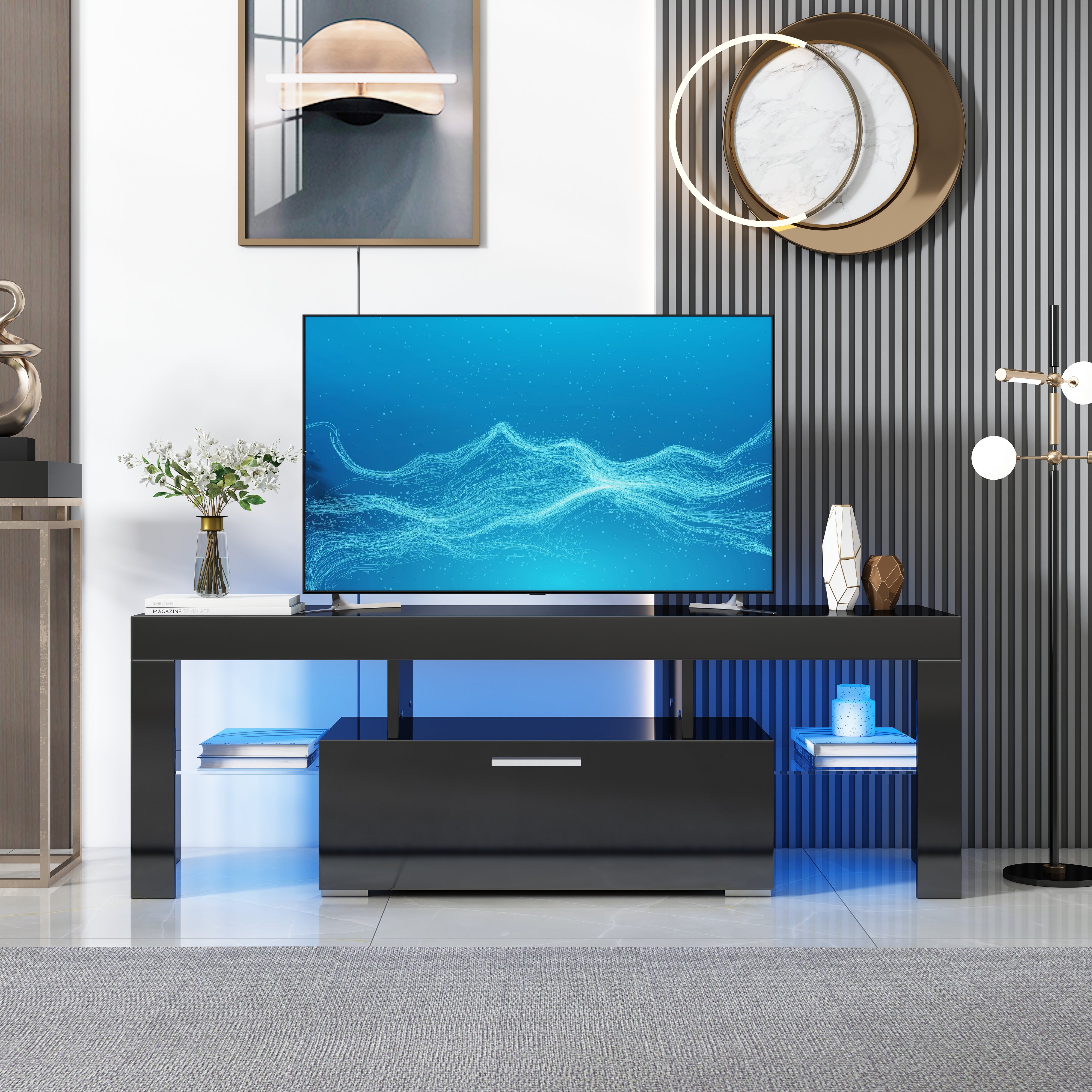 PAPROOS High Gloss TV Stand with LED Lights