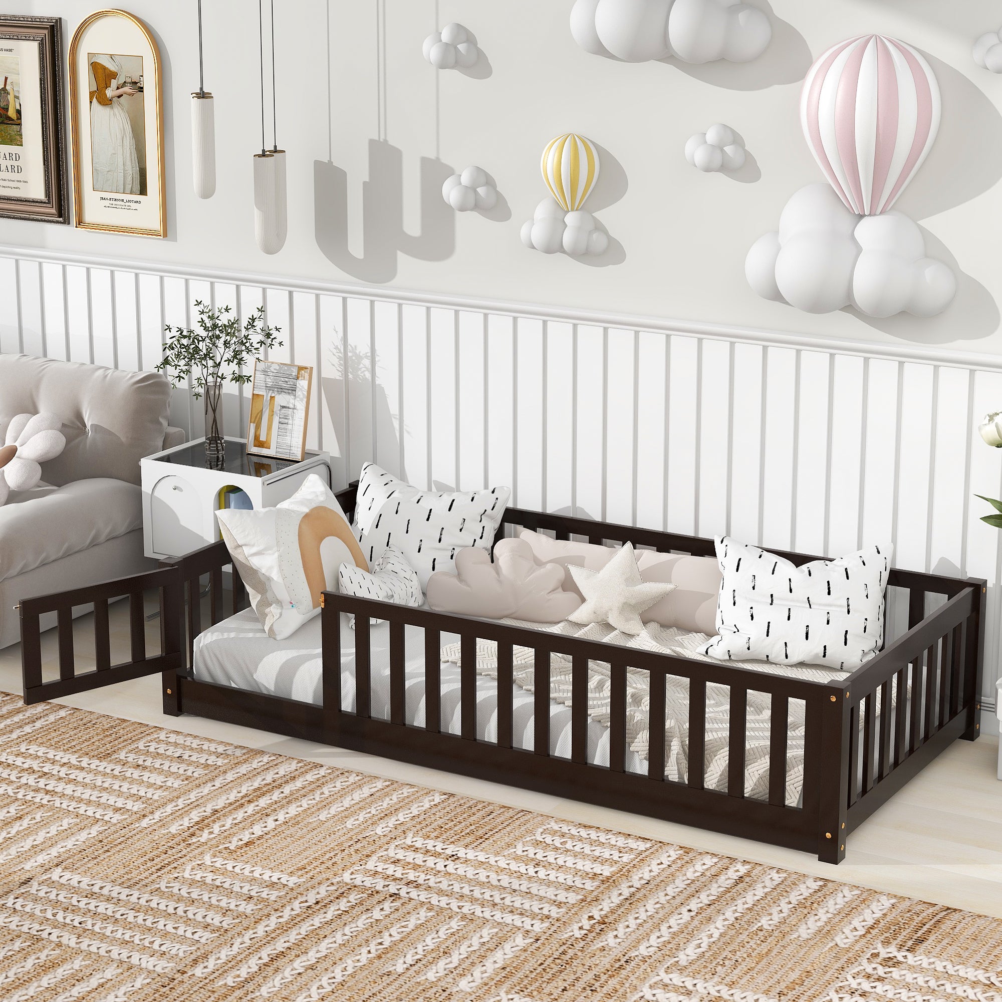 Paproos Floor Bed Frame for Toddler, Wood Platform Bed with Fence and Door