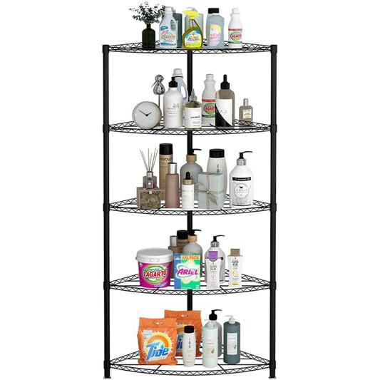 paproos 5-Tier Metal Corner Shelf, Black Carbon Steel Kitchen Corner Shelf Heavy Duty Wire Shelving Unit