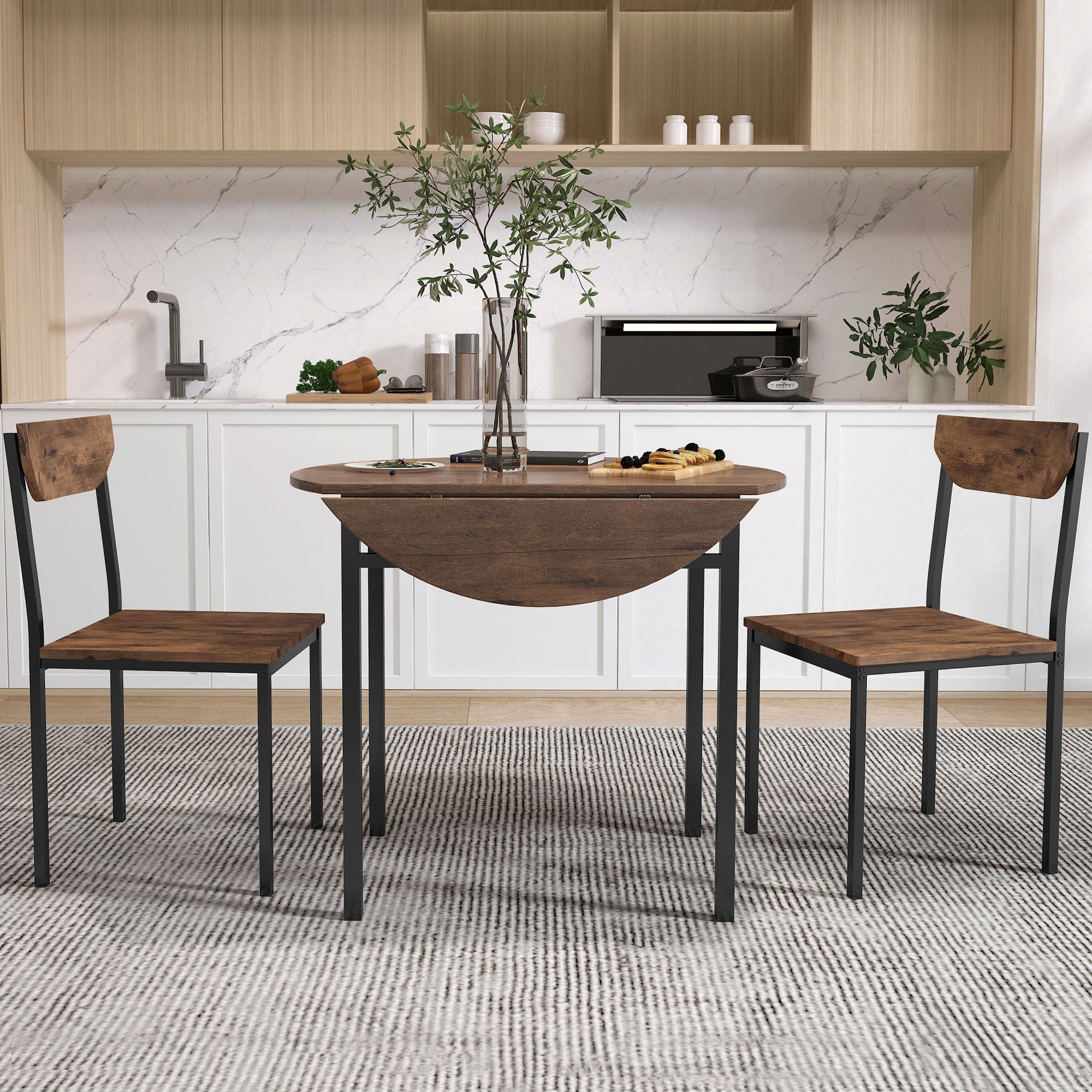paproos 3-Piece Dining Table Set with Drop Leaf and 2 Chairs, LJC