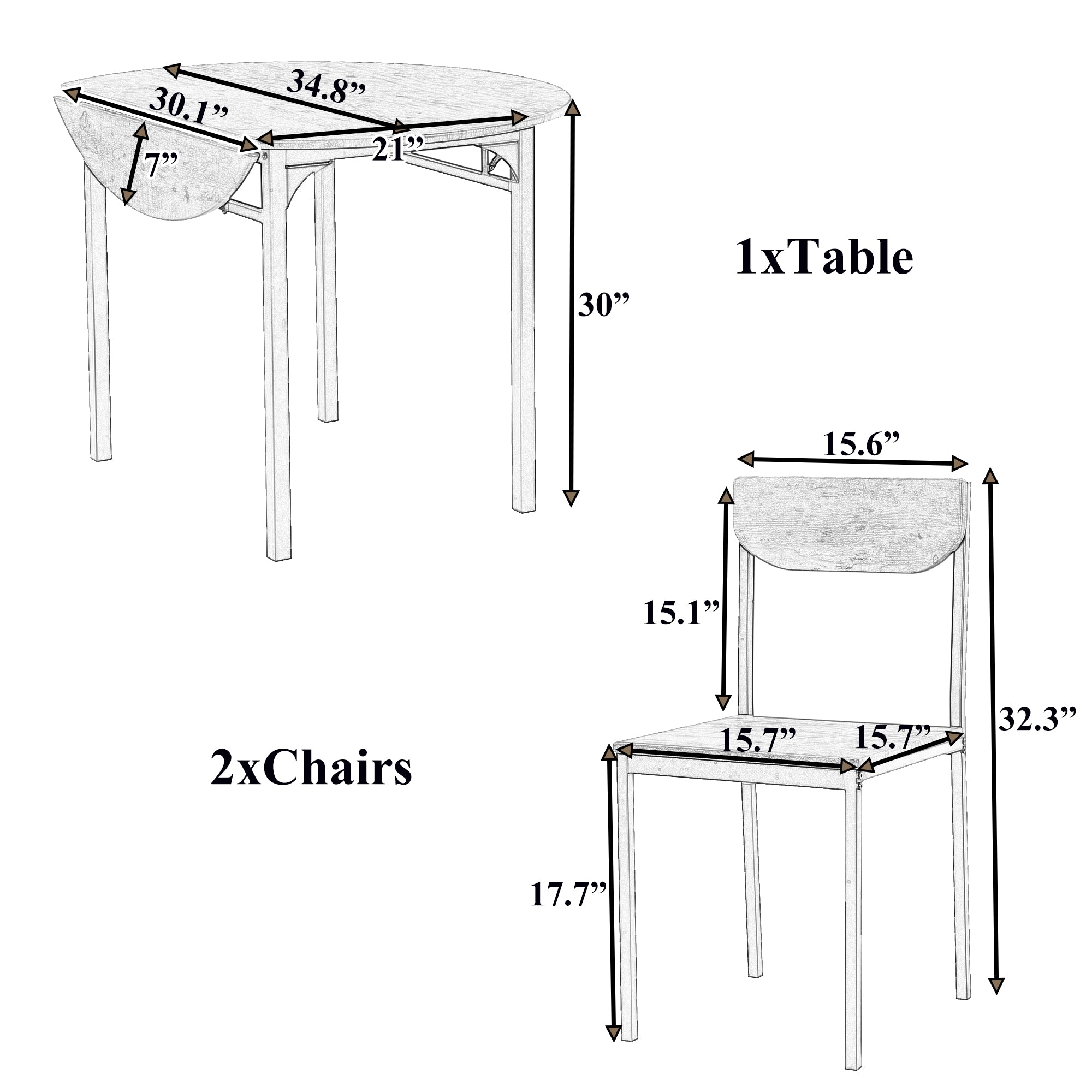 paproos 3-Piece Dining Table Set with Drop Leaf and 2 Chairs, LJC