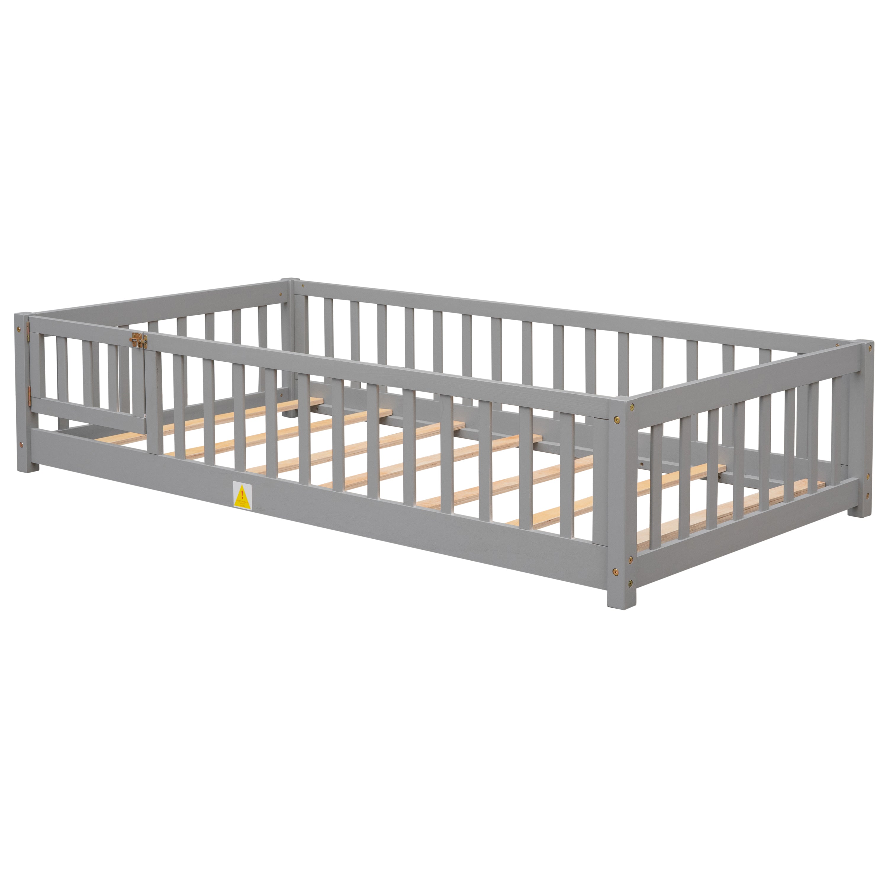 Paproos Floor Bed Frame for Toddler, Wood Platform Bed with Fence and Door
