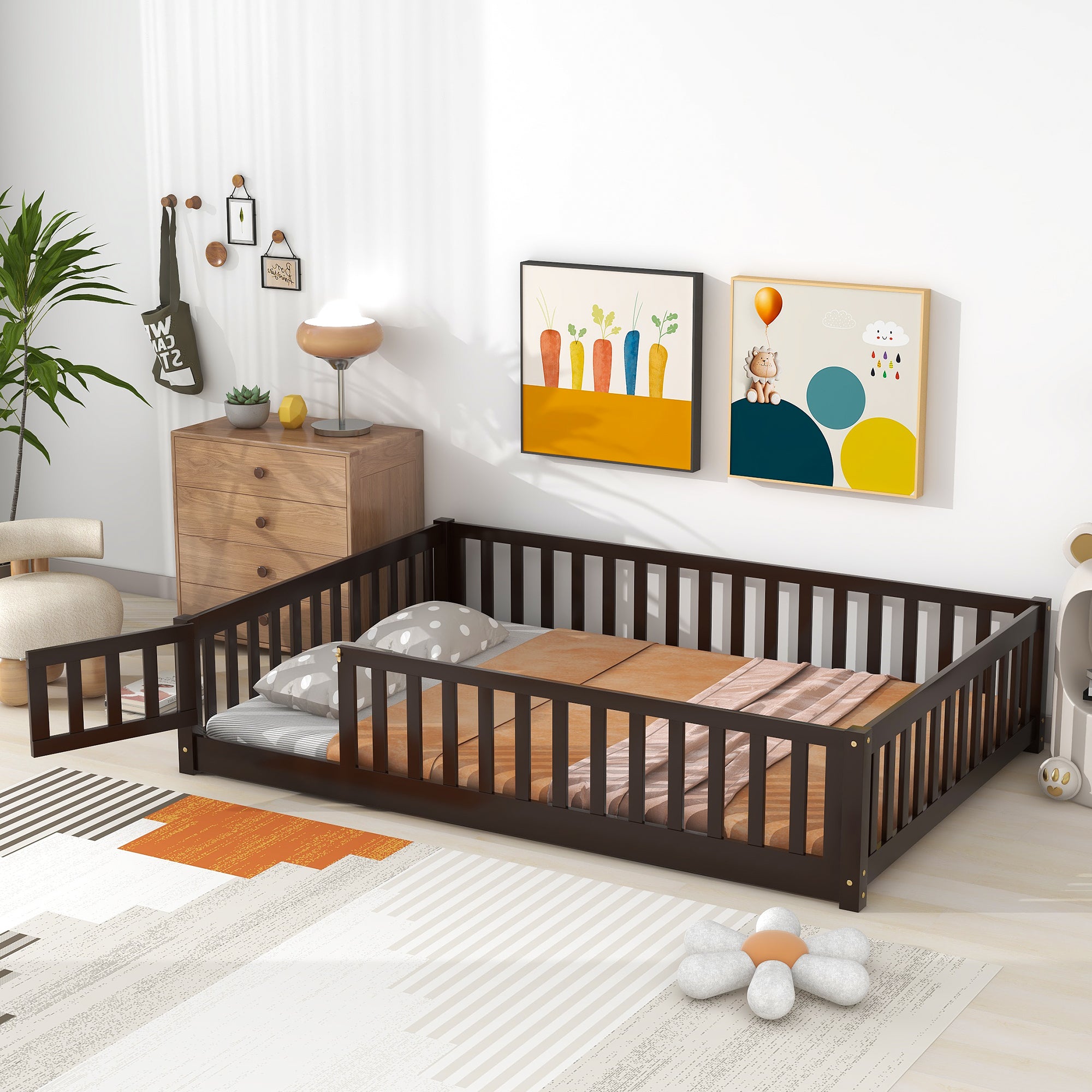 Paproos Floor Bed Frame for Toddler, Wood Platform Bed with Fence and Door