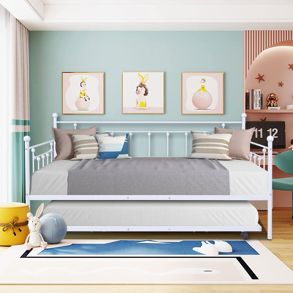 paproos Twin Size Daybed with Adjustable Pop Up Trundle, Heavy-Duty Steel Metal Bed Frame Space Saving, Perfect for Kids/Teens/Adults