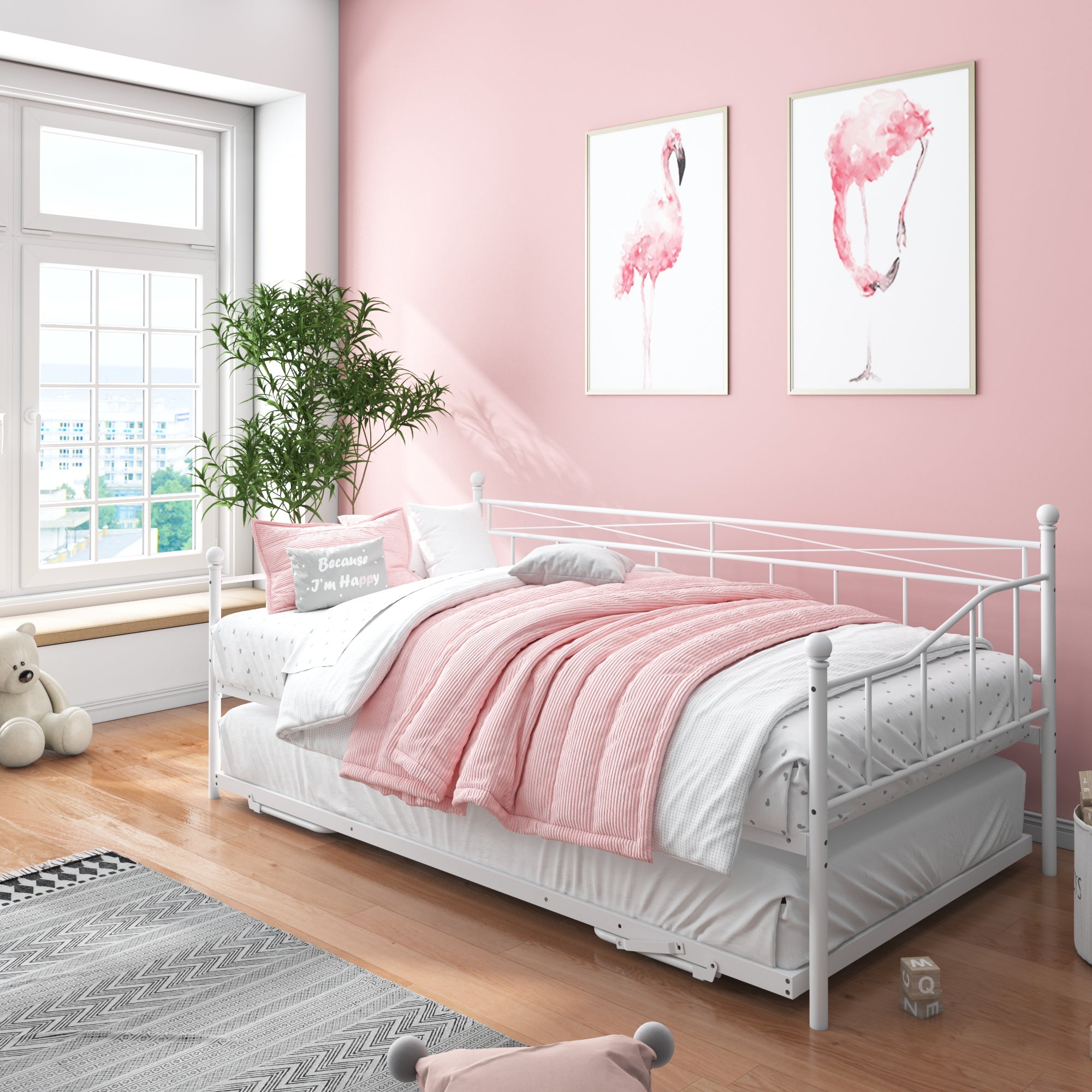 paproos Metal Daybed with Pop Up Trundle, Twin Adjustable Metal Sofa Bed with Adjustable Trundle Steel Daybed for Bedroom Guest Room, White