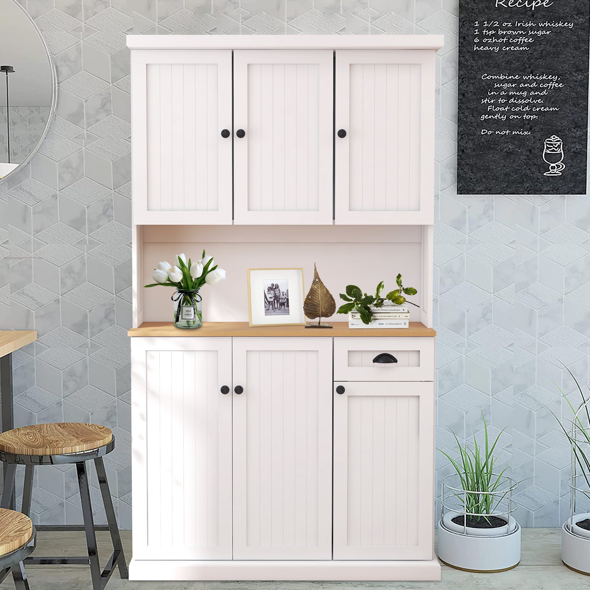 paproos 70.87" Pantry Cabinets with Hutch, Tall Kitchen Pantry Storage Cabinet, Sideboard Buffet Cabinet with 6 Doors, Large Countertop, Storage Shelf, Kitchen Dining Room Bathroom Sideboard, White