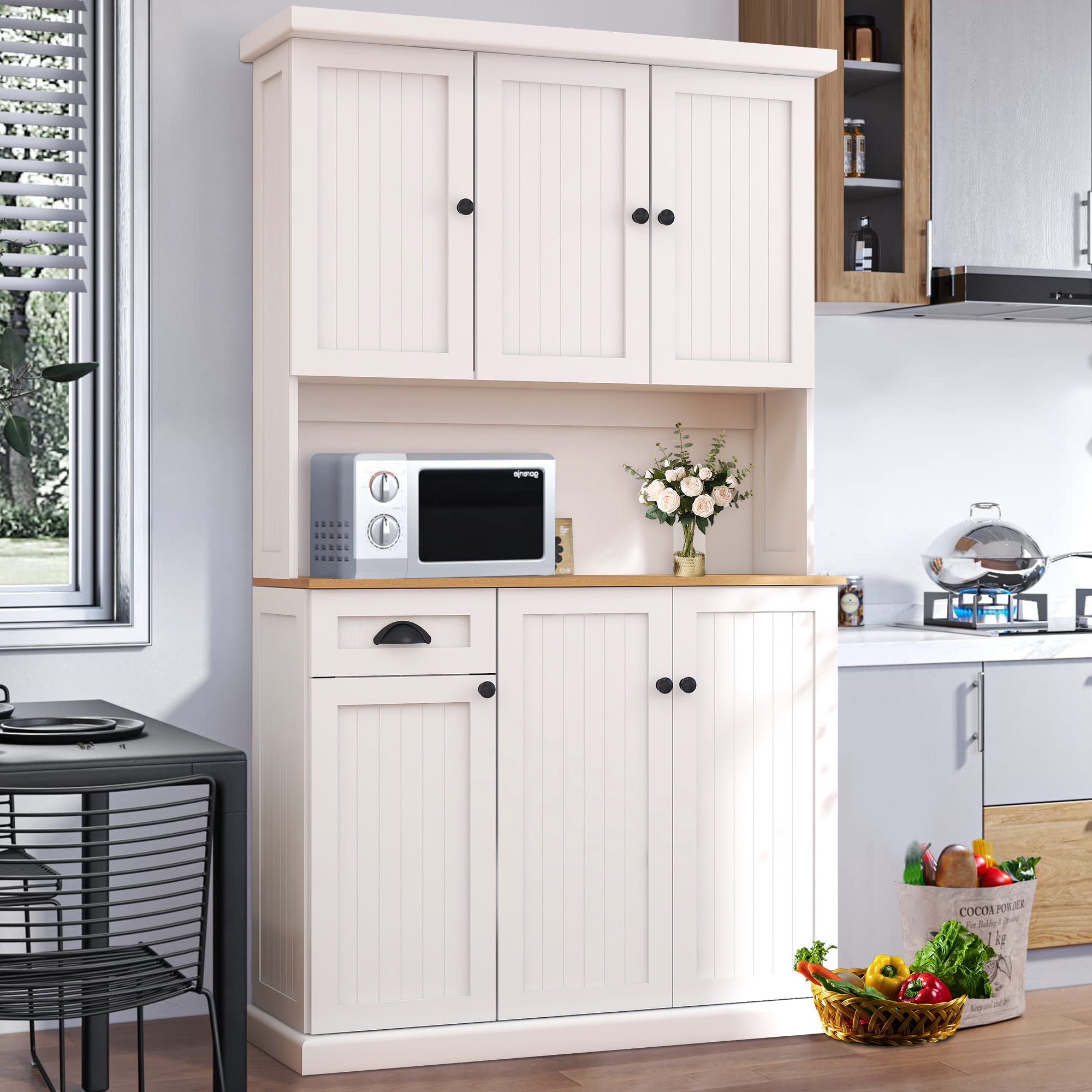 paproos 70.87" Pantry Cabinets with Hutch, Tall Kitchen Pantry Storage Cabinet, Sideboard Buffet Cabinet with 6 Doors, Large Countertop, Storage Shelf, Kitchen Dining Room Bathroom Sideboard, White
