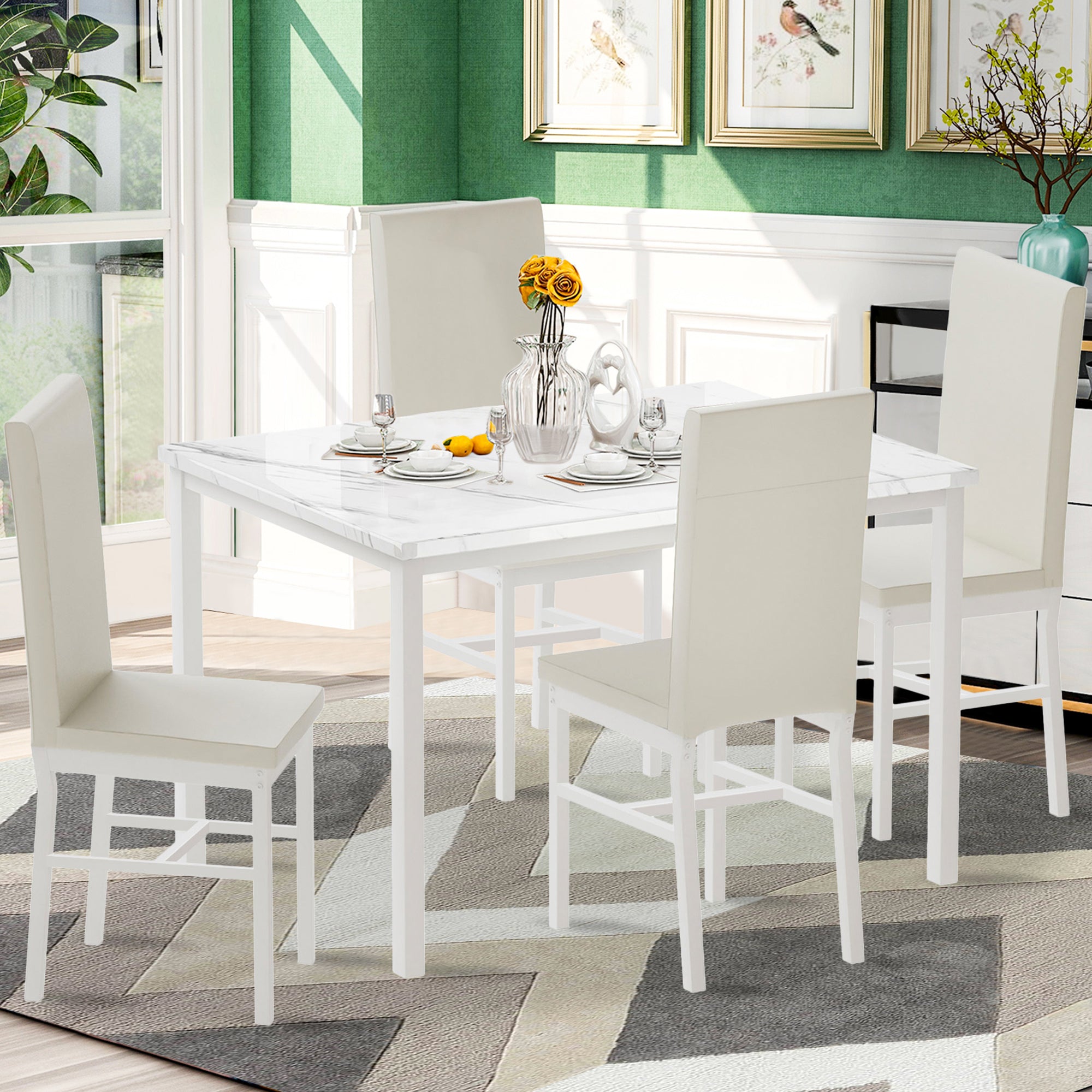 PAPROOS Dining Table Set for 4, Modern 5-Piece Kitchen Table Set with Marble Top and Faux Leather Upholstery Chairs