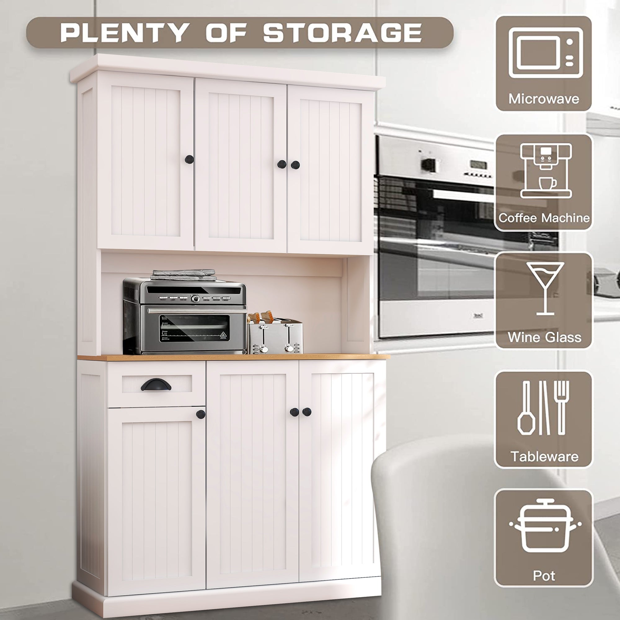paproos 70.87" Pantry Cabinets with Hutch, Tall Kitchen Pantry Storage Cabinet, Sideboard Buffet Cabinet with 6 Doors, Large Countertop, Storage Shelf, Kitchen Dining Room Bathroom Sideboard, White