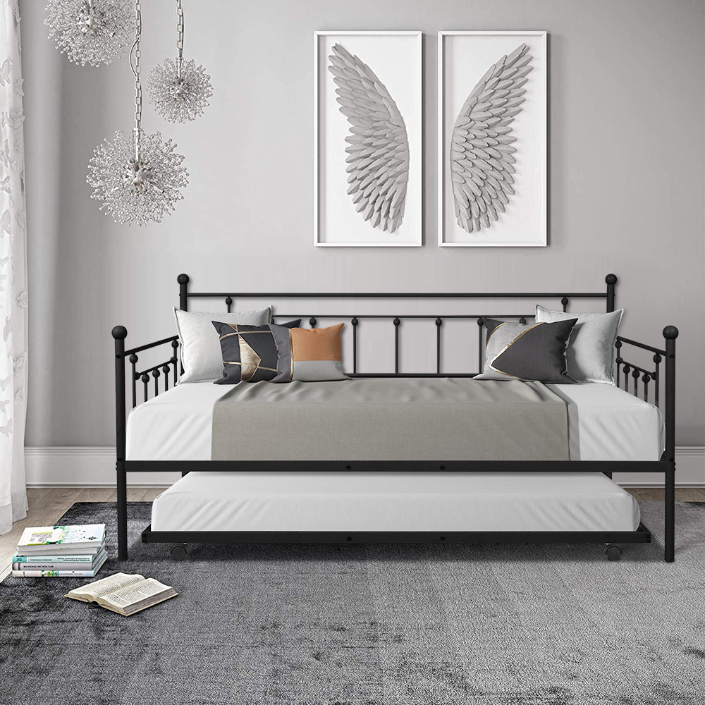 paproos Twin Size Daybed with Adjustable Pop Up Trundle, Heavy-Duty Steel Metal Bed Frame Space Saving, Perfect for Kids/Teens/Adults