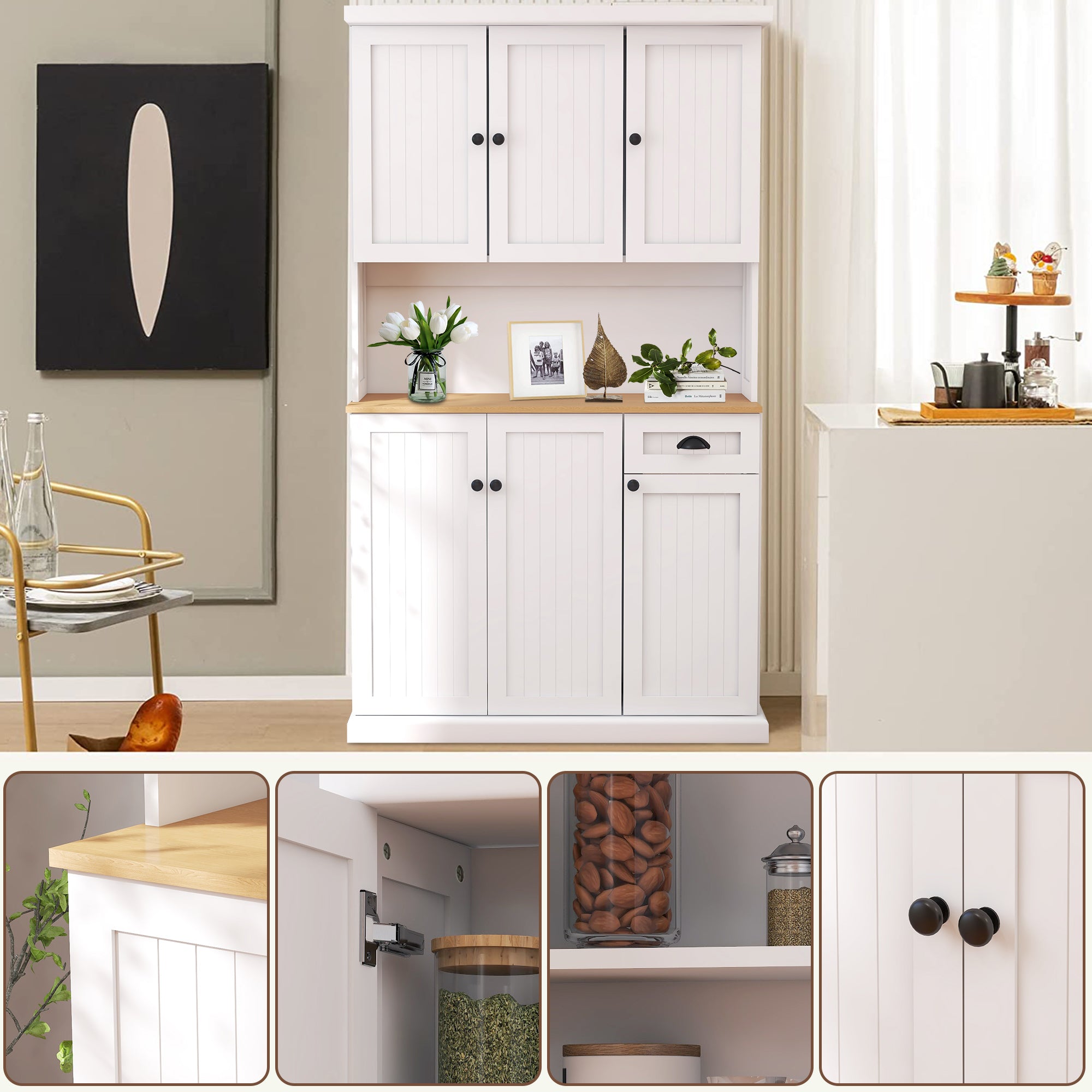 paproos 70.87" Pantry Cabinets with Hutch, Tall Kitchen Pantry Storage Cabinet, Sideboard Buffet Cabinet with 6 Doors, Large Countertop, Storage Shelf, Kitchen Dining Room Bathroom Sideboard, White
