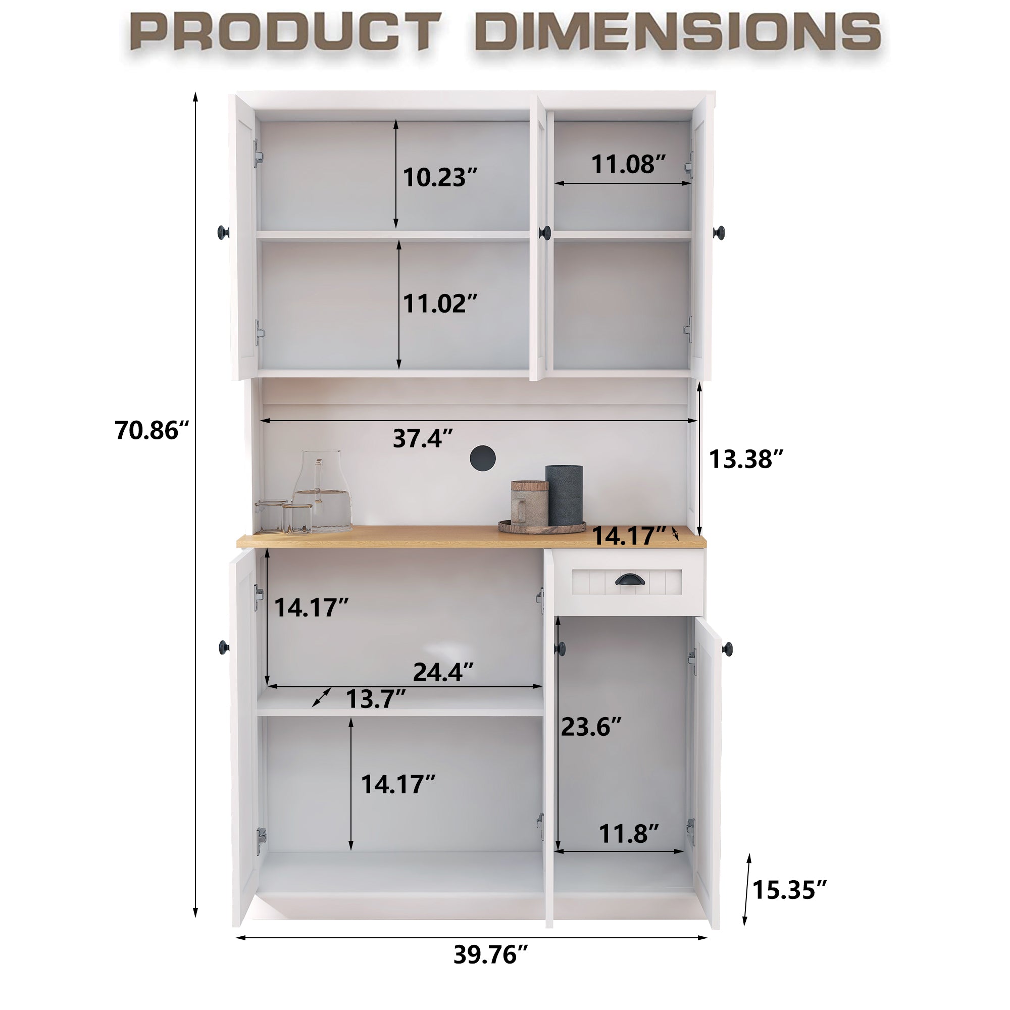 paproos 70.87" Pantry Cabinets with Hutch, Tall Kitchen Pantry Storage Cabinet, Sideboard Buffet Cabinet with 6 Doors, Large Countertop, Storage Shelf, Kitchen Dining Room Bathroom Sideboard, White