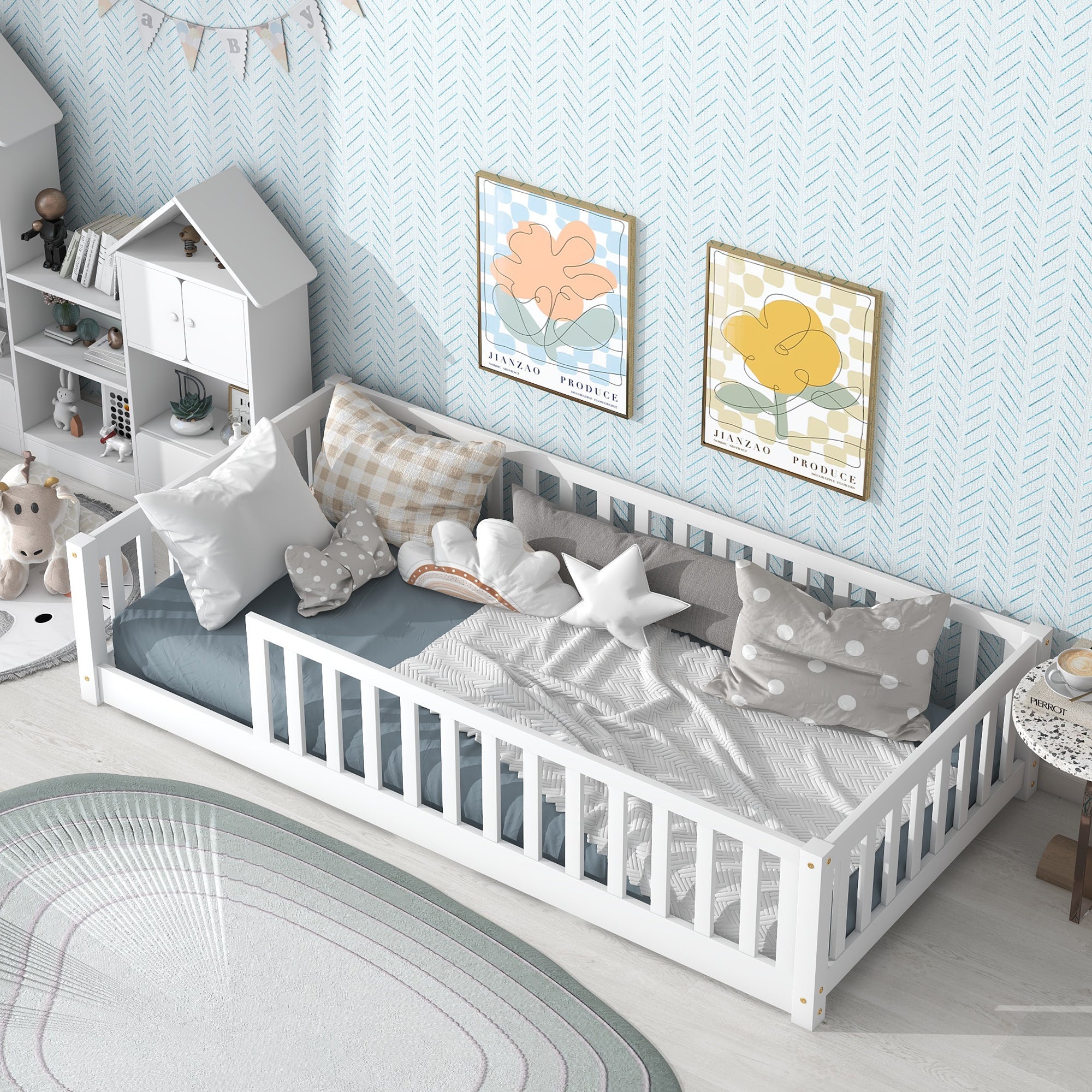 Paproos Floor Bed Frame for Toddler, Wood Platform Bed with Fence and Door
