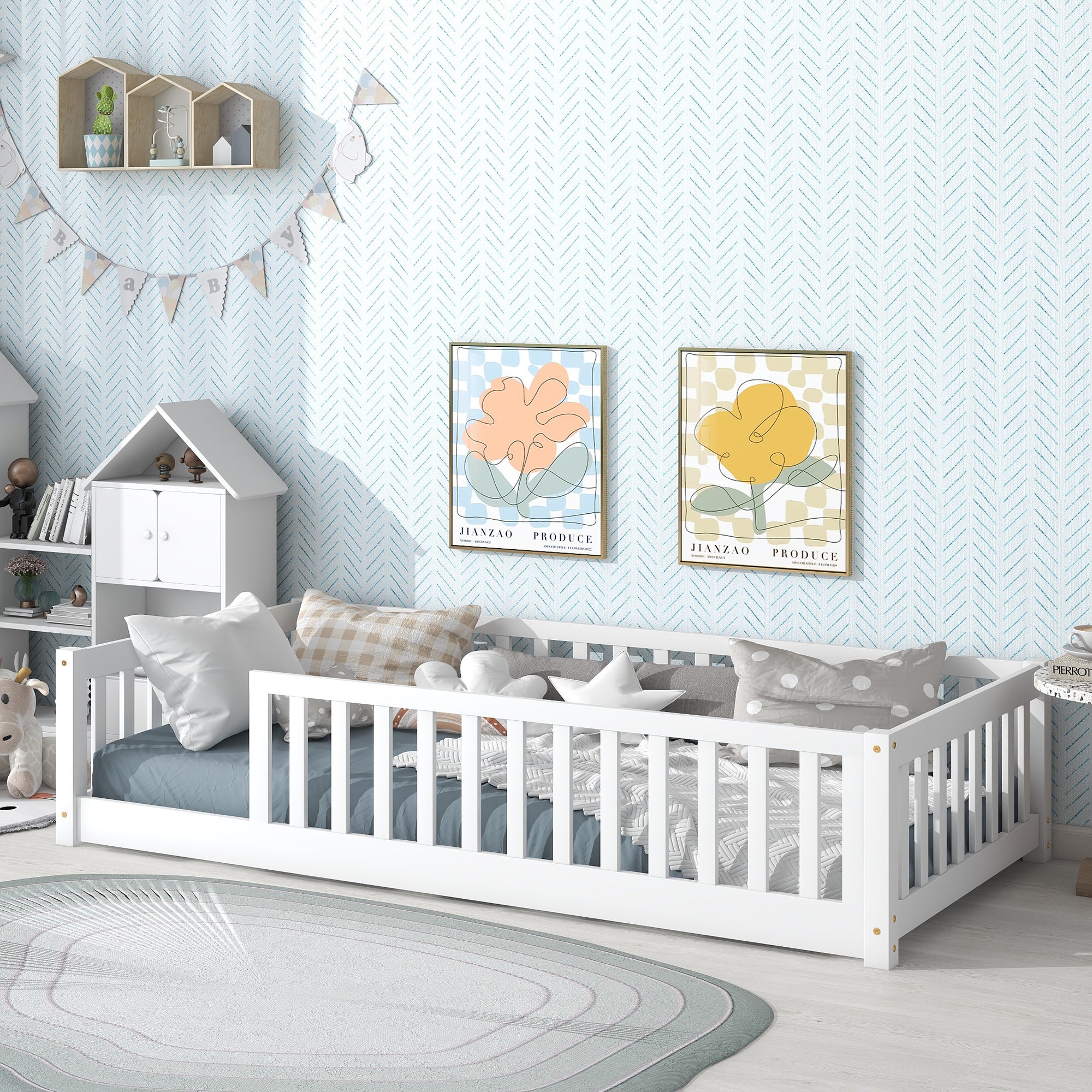 Paproos Floor Bed Frame for Toddler, Wood Platform Bed with Fence and Door