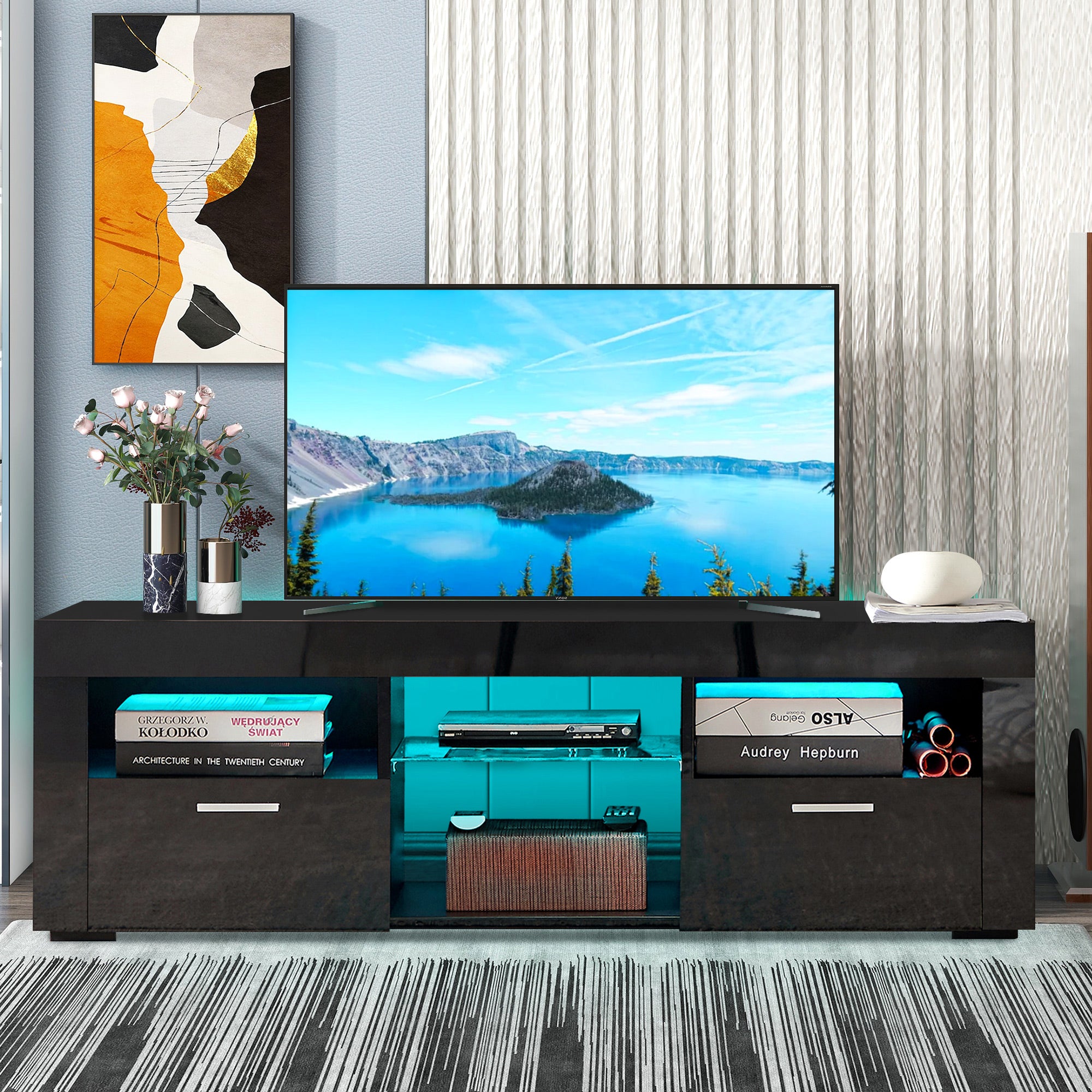 PAPROOS High Gloss TV Stand with LED Lights