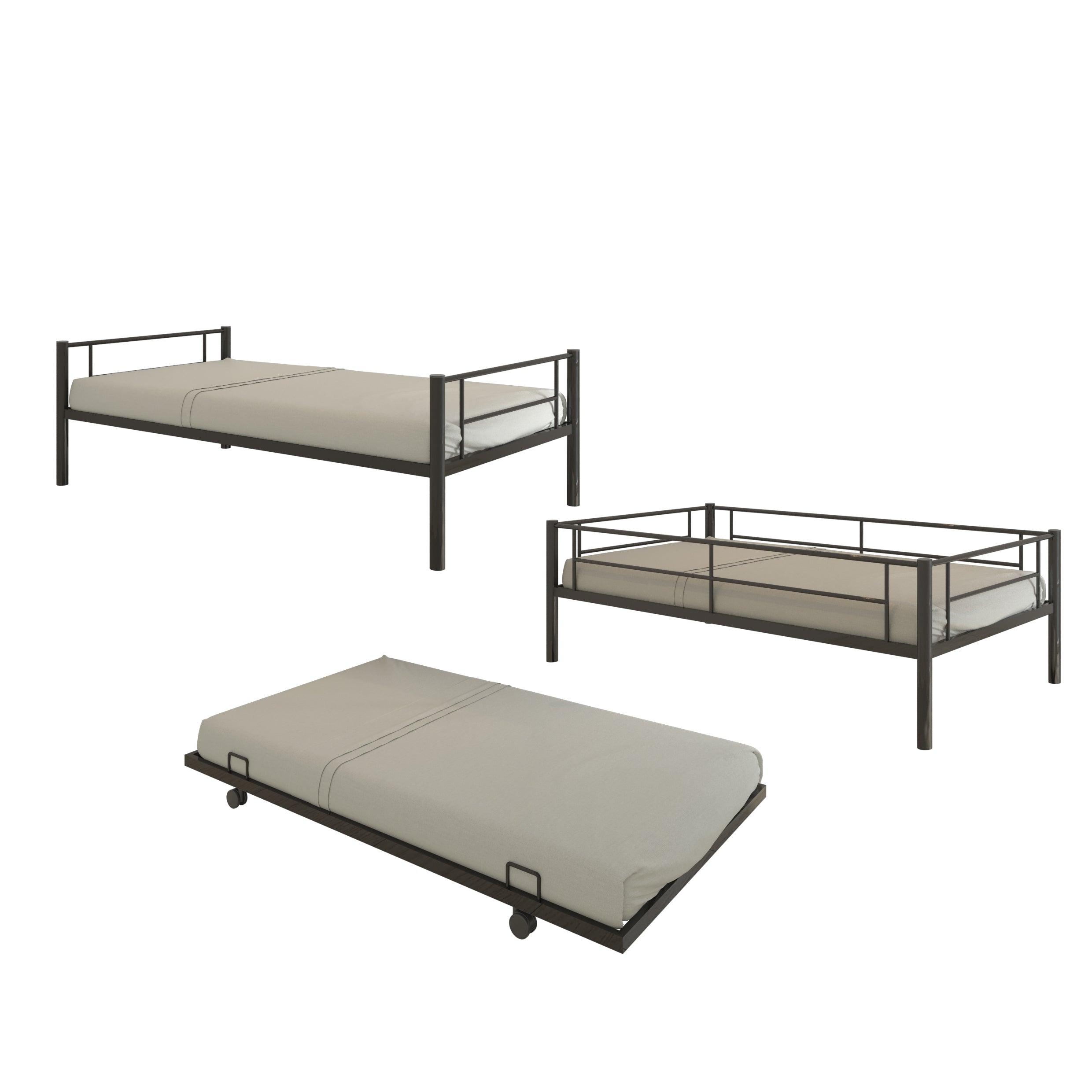 paproos Metal Bunk Bed with Trundle, Heavy Duty Twin Over Twin Bunk Bed Frame with 2 Ladders and Full-Length Guardrails, Bunk Bed No Box Spring Needed (Black)