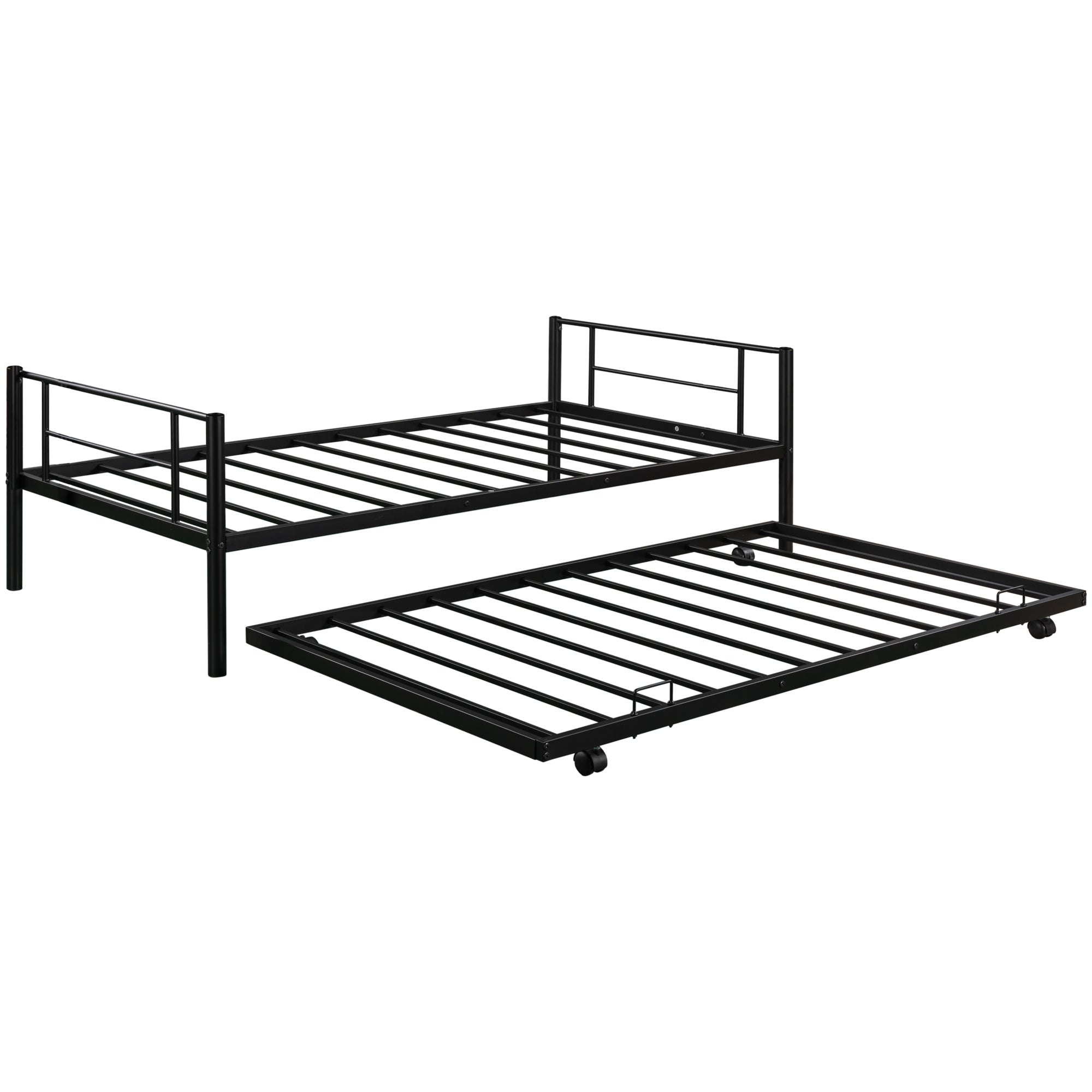 paproos Metal Bunk Bed with Trundle, Heavy Duty Twin Over Twin Bunk Bed Frame with 2 Ladders and Full-Length Guardrails, Bunk Bed No Box Spring Needed (Black)