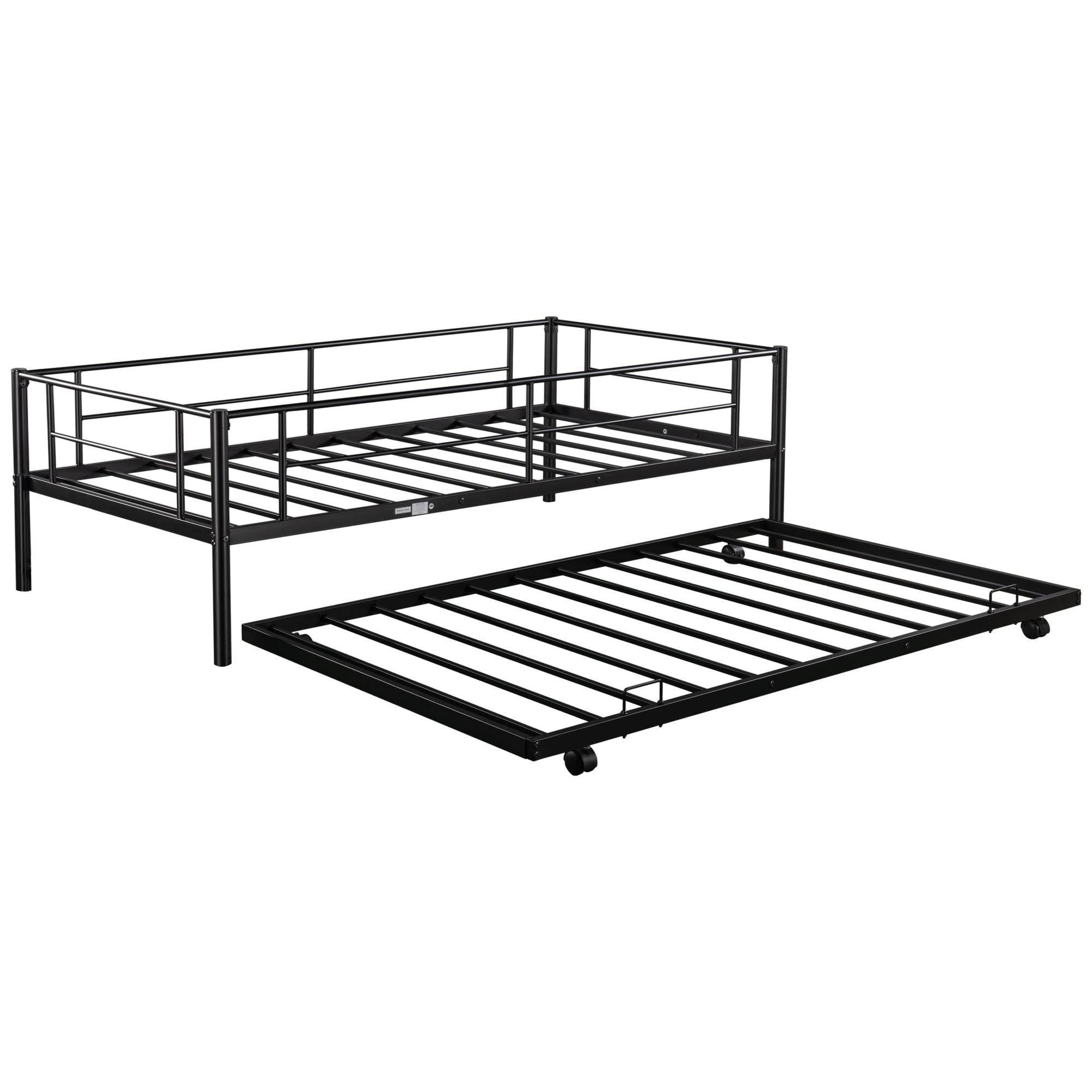 paproos Metal Bunk Bed with Trundle, Heavy Duty Twin Over Twin Bunk Bed Frame with 2 Ladders and Full-Length Guardrails, Bunk Bed No Box Spring Needed (Black)
