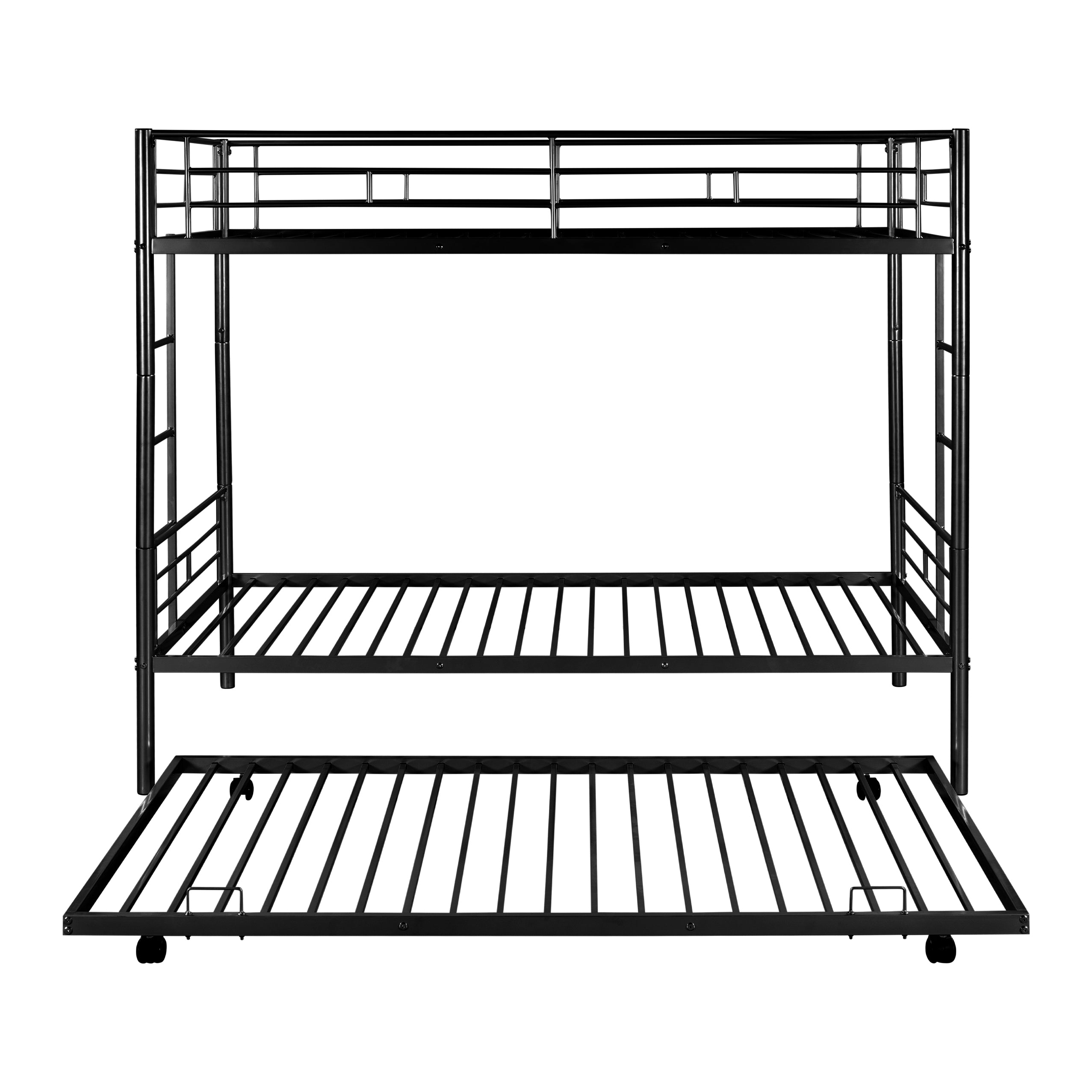 paproos Metal Bunk Bed with Trundle, Heavy Duty Twin Over Twin Bunk Bed Frame with 2 Ladders and Full-Length Guardrails, Bunk Bed No Box Spring Needed (Black)
