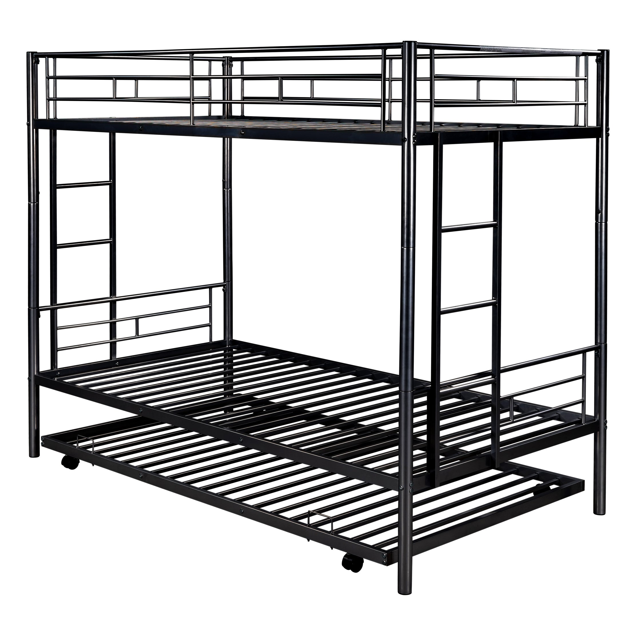 paproos Metal Bunk Bed with Trundle, Heavy Duty Twin Over Twin Bunk Bed Frame with 2 Ladders and Full-Length Guardrails, Bunk Bed No Box Spring Needed (Black)