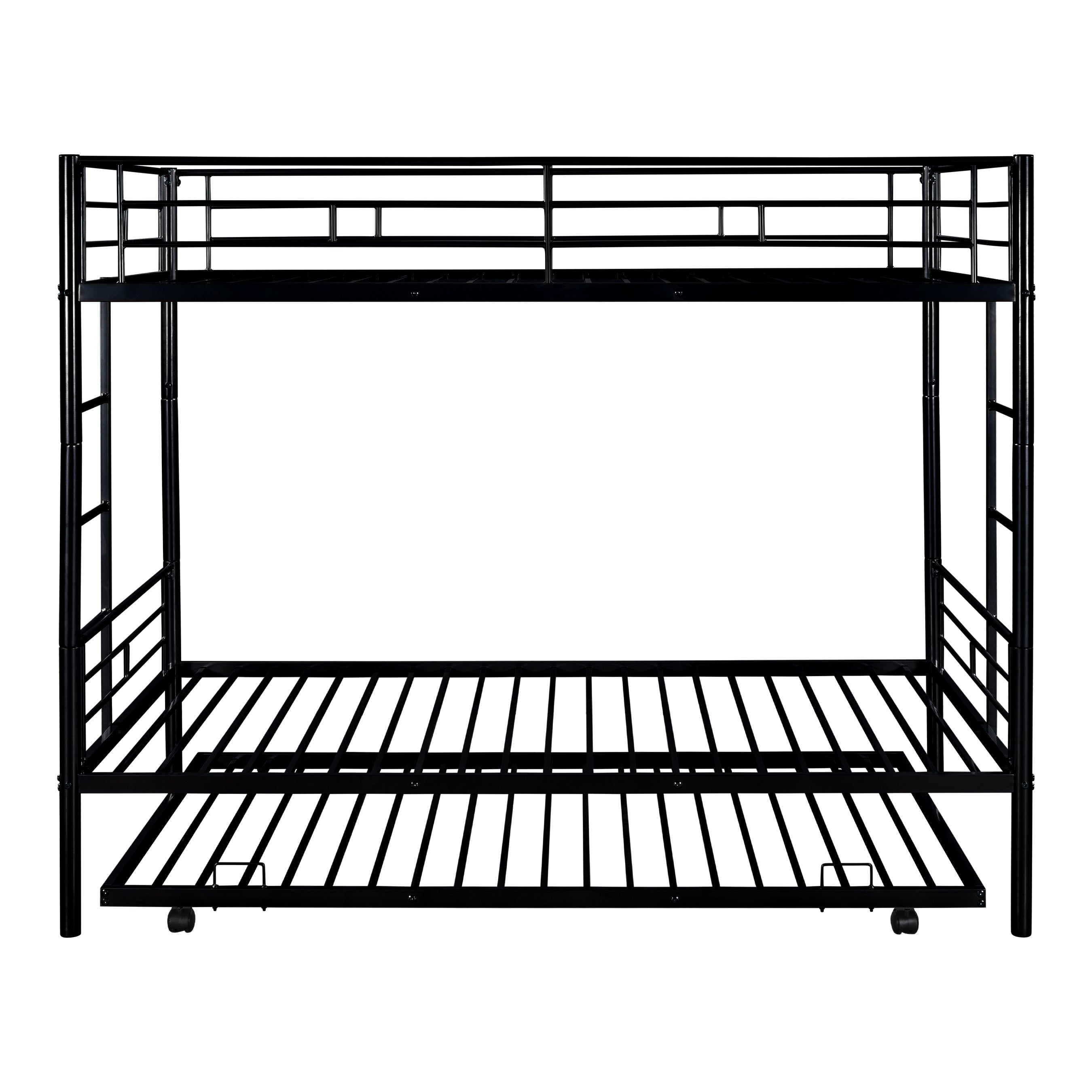 paproos Metal Bunk Bed with Trundle, Heavy Duty Twin Over Twin Bunk Bed Frame with 2 Ladders and Full-Length Guardrails, Bunk Bed No Box Spring Needed (Black)