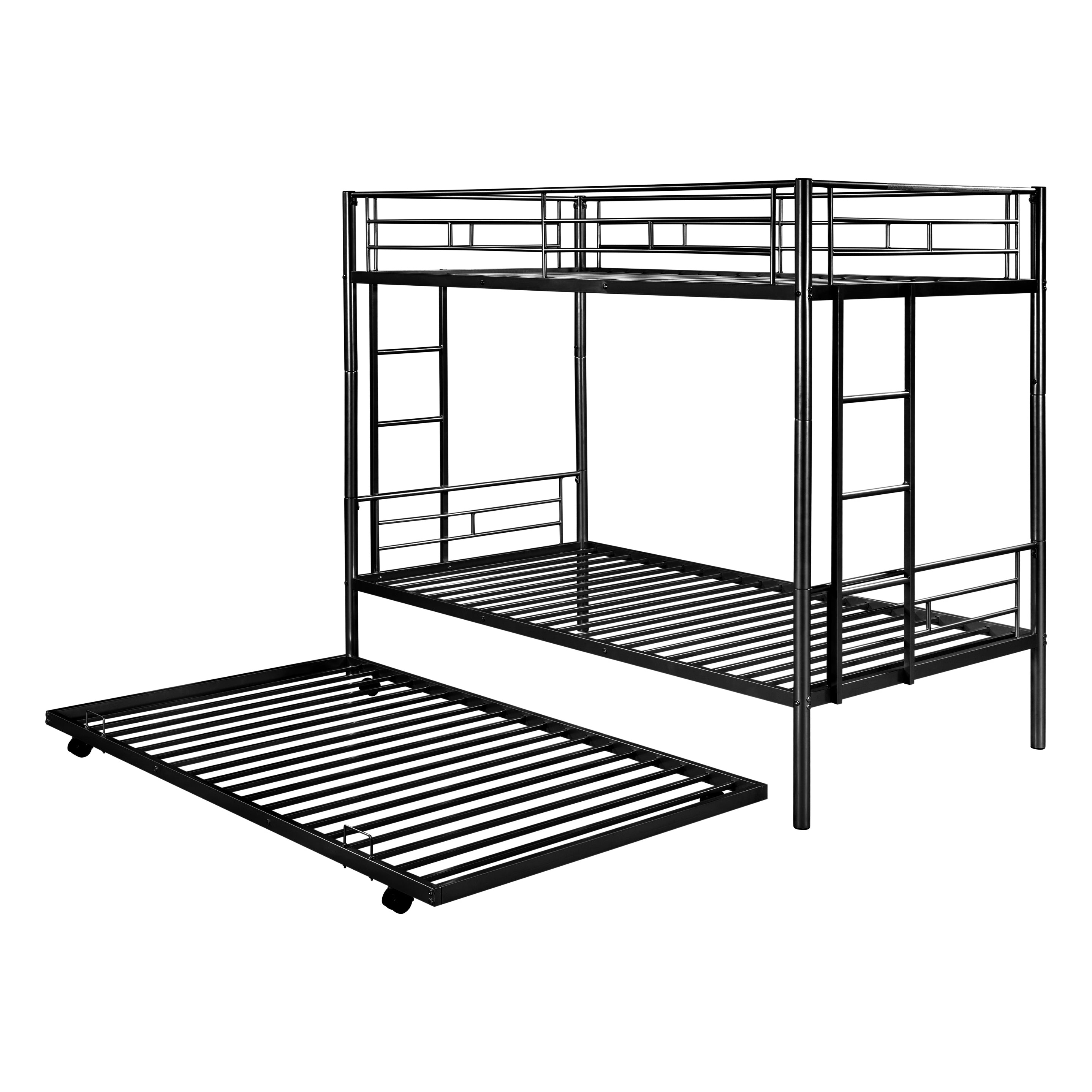 paproos Metal Bunk Bed with Trundle, Heavy Duty Twin Over Twin Bunk Bed Frame with 2 Ladders and Full-Length Guardrails, Bunk Bed No Box Spring Needed (Black)