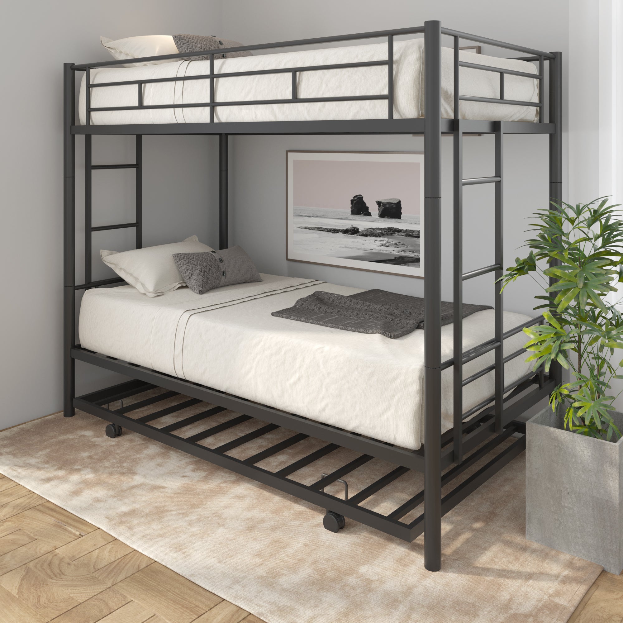 paproos Metal Bunk Bed with Trundle, Heavy Duty Twin Over Twin Bunk Bed Frame with 2 Ladders and Full-Length Guardrails, Bunk Bed No Box Spring Needed (Black)